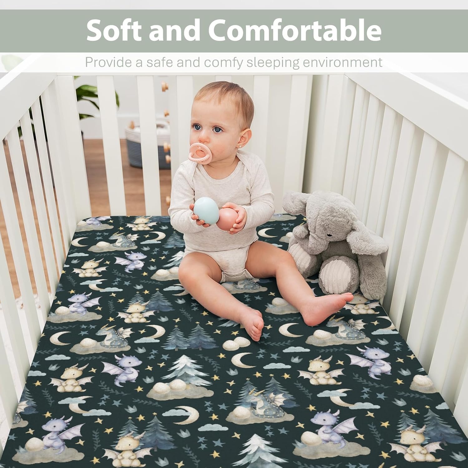 Fairytale Dragons Baby Crib Sheets for Boy Girl 28"x52" Cute Dragon Moon Stars Clouds Trees Eggs Soft Snug Fitted Crib Mattress Cover Fantasy Animal Baby Sheet for Standard Crib & Toddler Mattress
