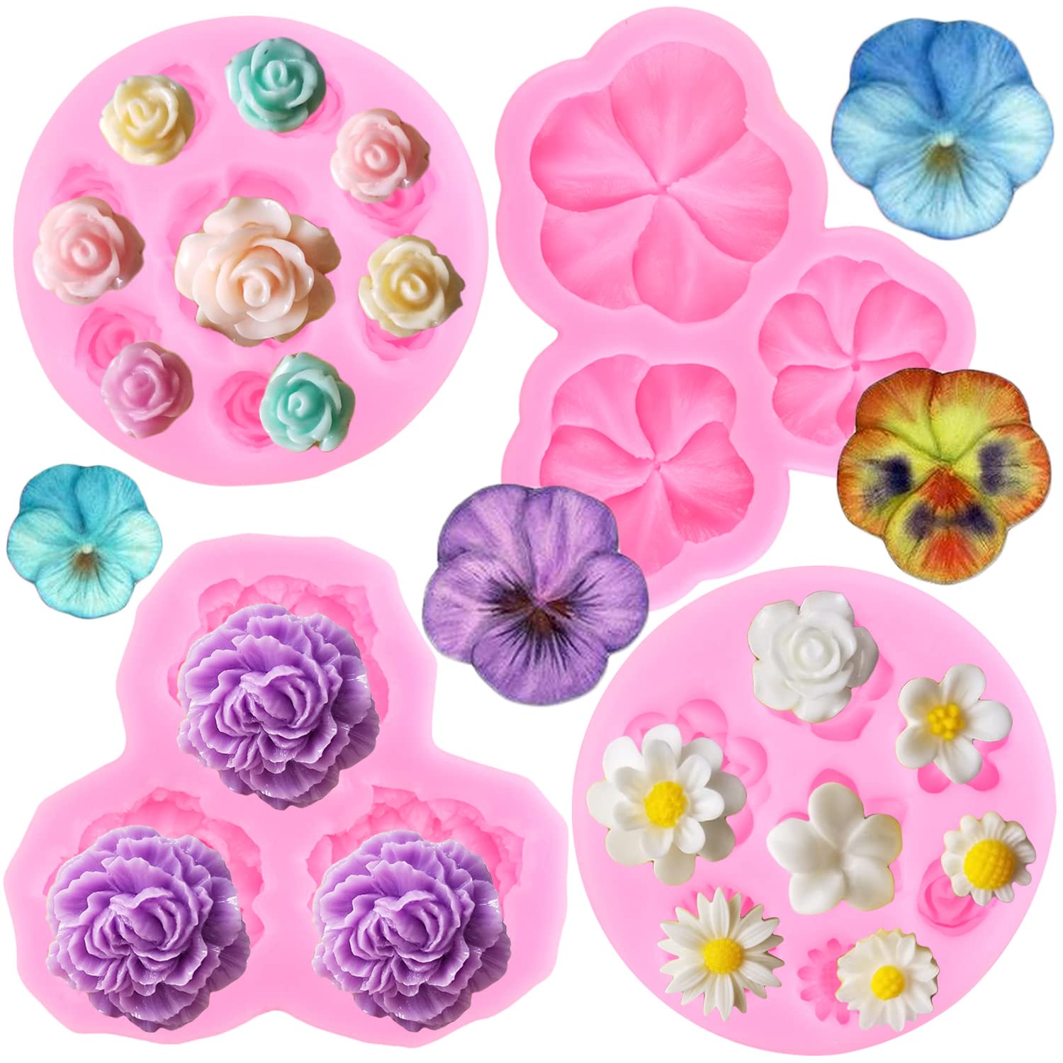 Photo 1 of ZiXiang Rose Flower Silicone Mold Peony Flower Fondant Molds Pansy Flowers Mold Daisy Flowers Chocolate Molds For Cake Decorating Cupcake Topper Candy Polymer Clay Gum Paste Set Of 4