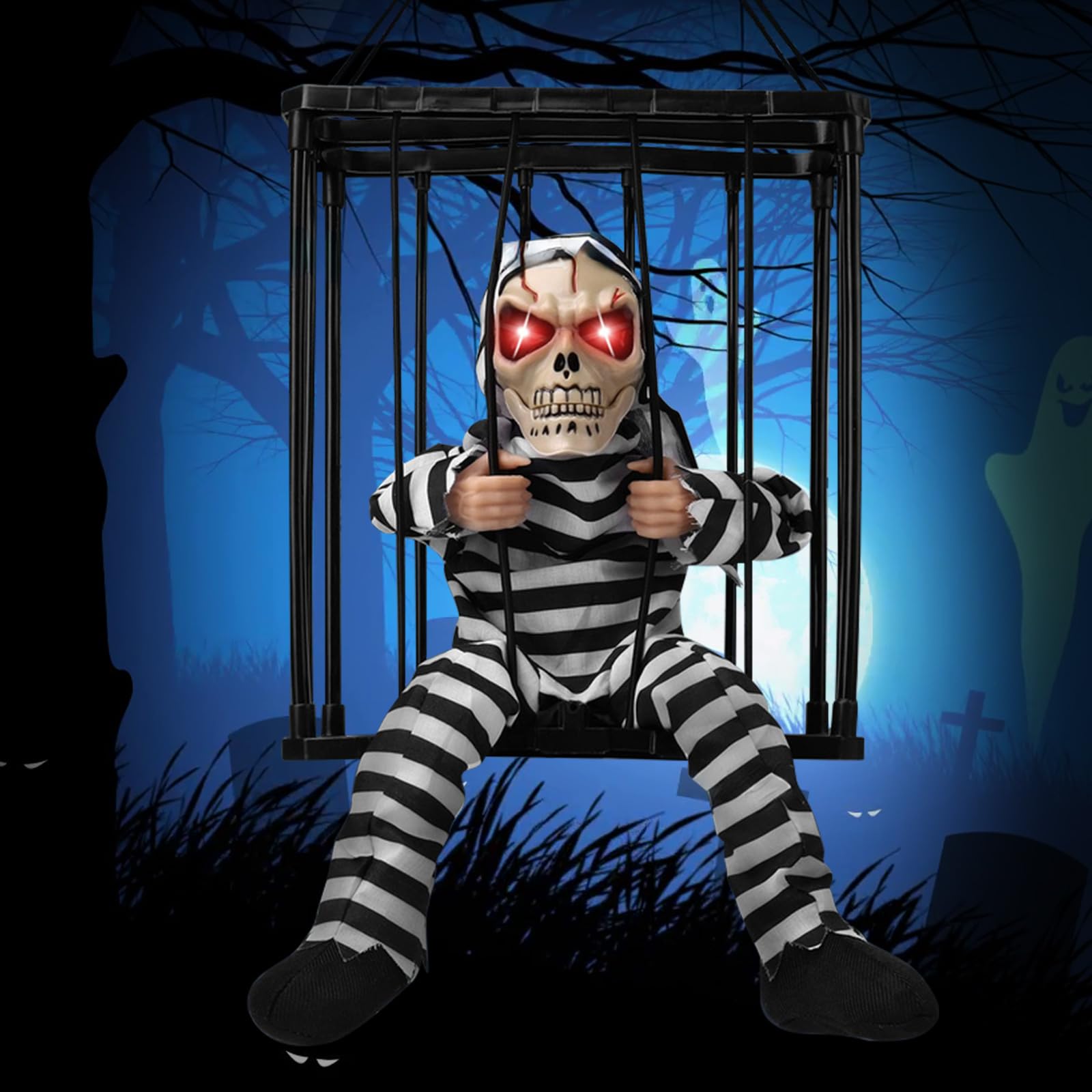 Squelette Halloween Effrayant En Cage Avec Voix – Accessoire Maison Hantée – Décor Terrifiant 28 Cm – Fonctionne Avec Piles - 7