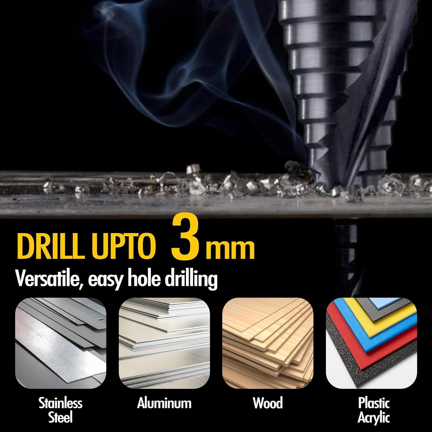 Four Spiral Flute Cobalt Step Drill Bit, 3/16'' - 7/8'' M35 TiAlN Coating Impact Ready Unibit Step Drill Bit, 1/4" Hex Shank Step Bit for Metal, Stainless Steel, Aluminum, Plastic
