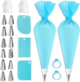 Riccle Piping Bags Tips Set,Cake Decorating Tools with 2pcs Reusable Icing Pastry Bags,Set Of 3 Scrapers,12 Different Icing Bags Tips, 2 Piping Bags Couplers and 6 Frosting Bags Ties
