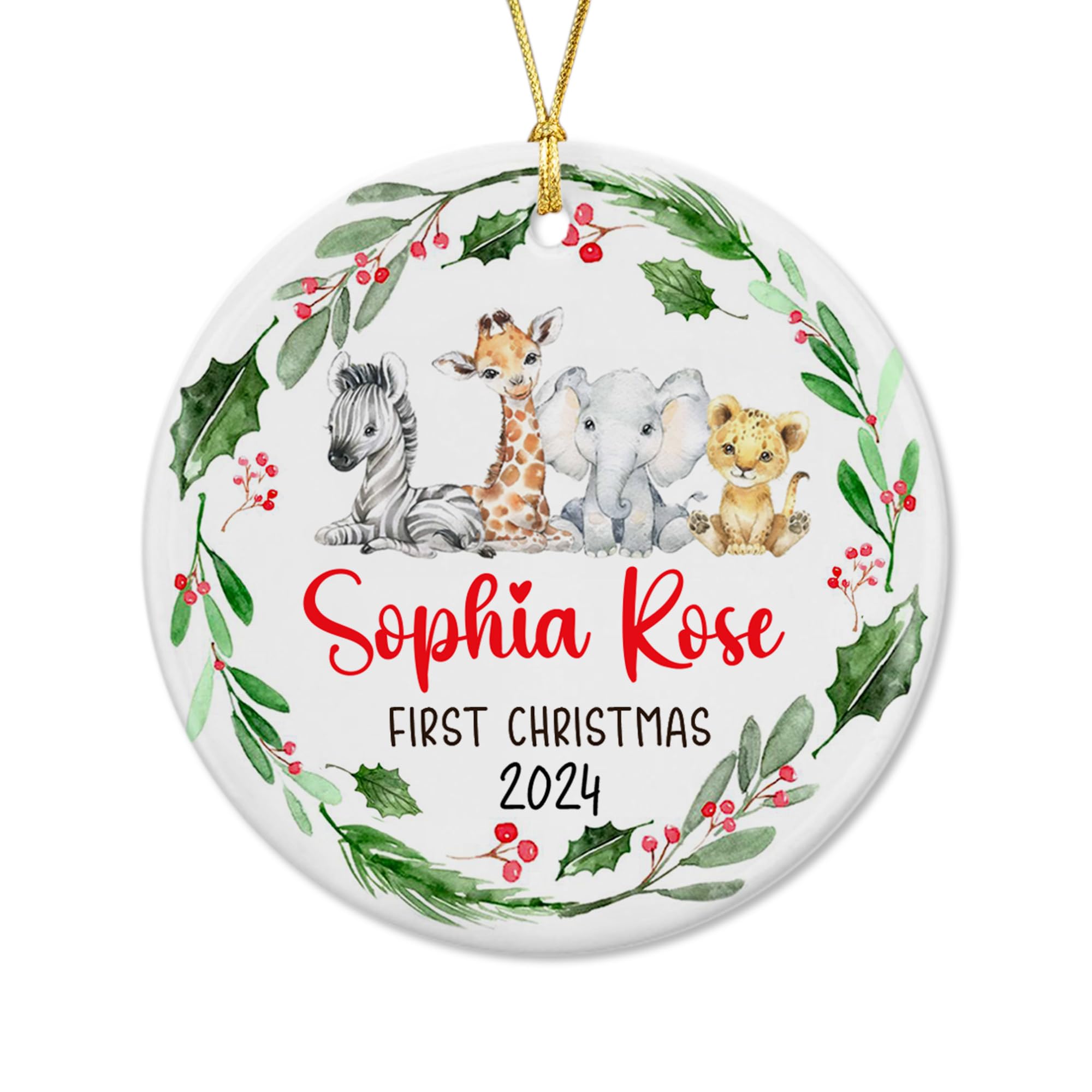 Unifury Personalized Baby First Christmas Ornament 2024, Keepsake for Babies First Christmas Tree, Holiday Decor for Celebrating Ceramic Babys 1st Christmas Ornament 2024, Safari Animal Holly