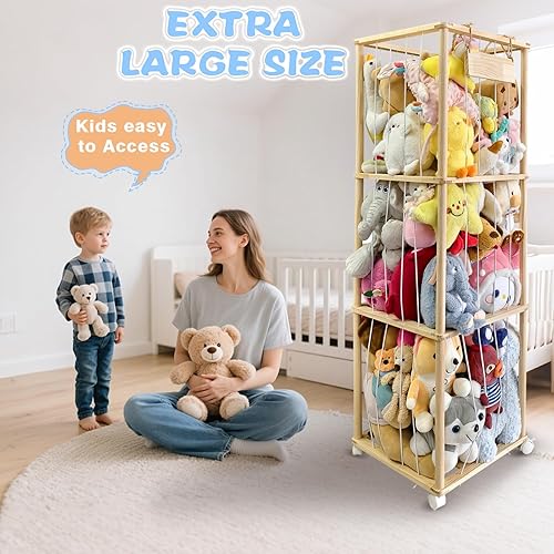 Miniatura 6 de Soporte de madera para almacenamiento de animales de peluche, espacio de almacenamiento vertical para niños, con banda elástica para guardería, sala