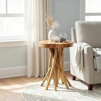 WELLAND Teak Wood Stick Leg End Table, 16" L x 16" W x 20" H Rustic Side Table, Small Accent Table, Plant Stand for Living Room, Bedroom, Home Office