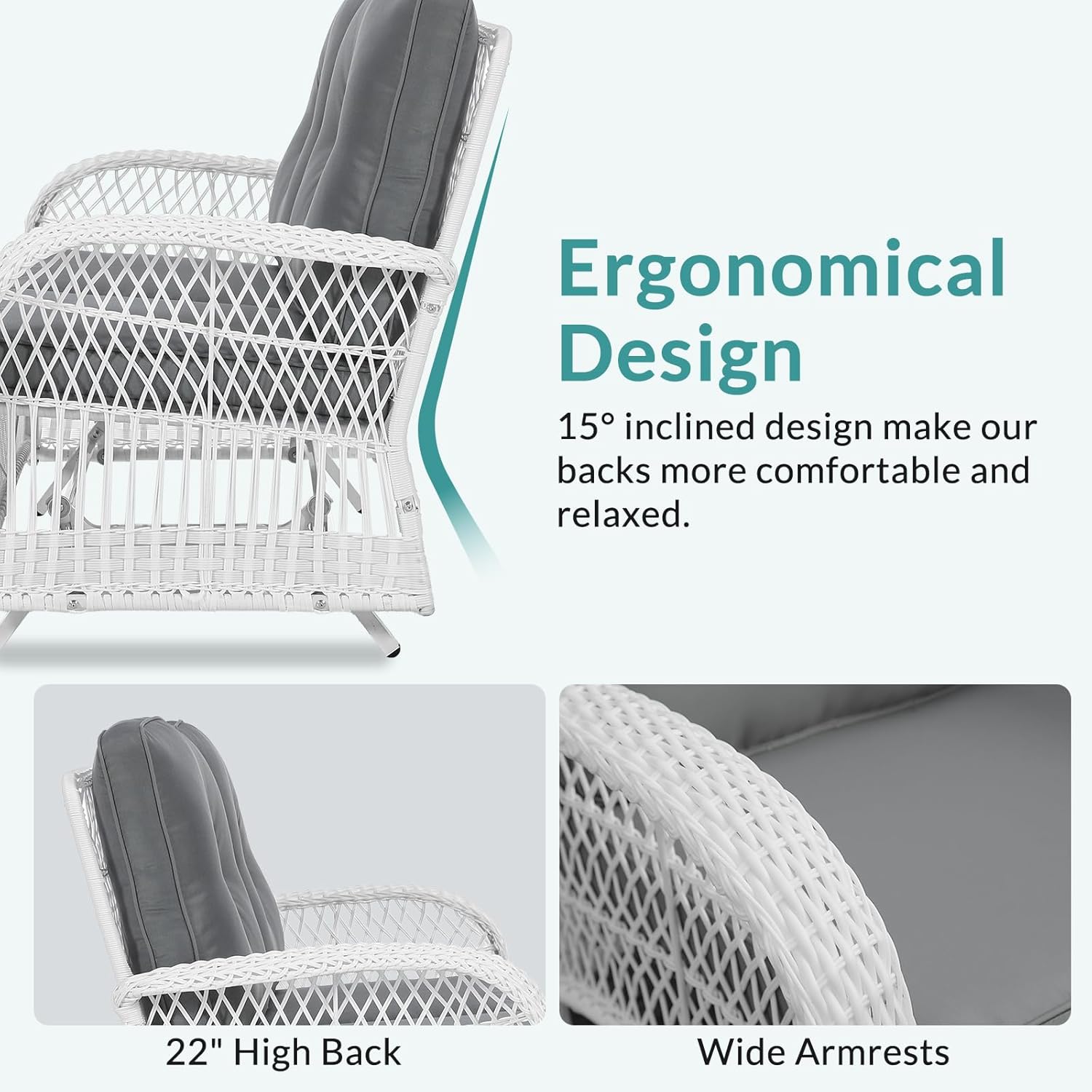 MEETWARM Outdoor Wicker Patio Glider Set, Loveseat for 2 Person Porch Furniture Glider with Glass-Top Coffee Table, Patio Glider Rocking Bench with Thickened Cushions, White Wicker/Grey