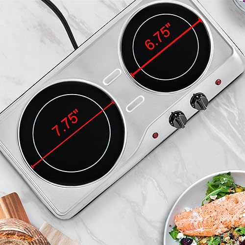 Vista 45 de Ovente - Quemador eléctrico doble infrarrojo de 7.5 pulgadas de cerámica con 6 niveles de control de temperatura y base de acero inoxidable fácil