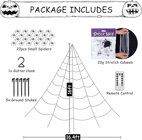 Miniatura 2 de Decoración de Halloween de telaraña para exteriores, 125 luces LED moradas de 16.4 pies de telaraña gigante y 22 pequeñas arañas falsas y telaraña
