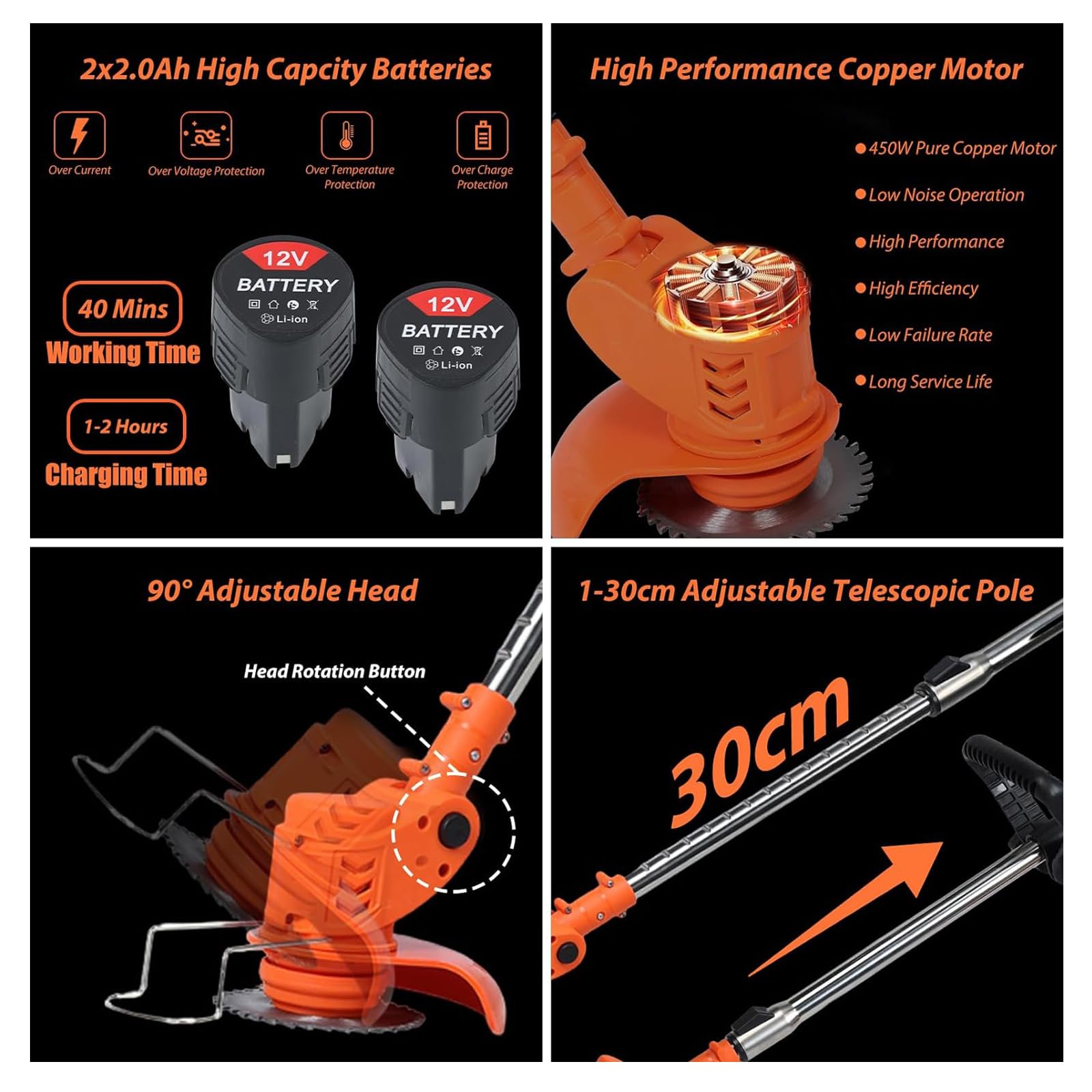 Débroussailleuse de jardin télescopique, sans fil rechargeable (12 V 2,0 Ah x 2), chargeur inclus, électrique extérieur (orange)
