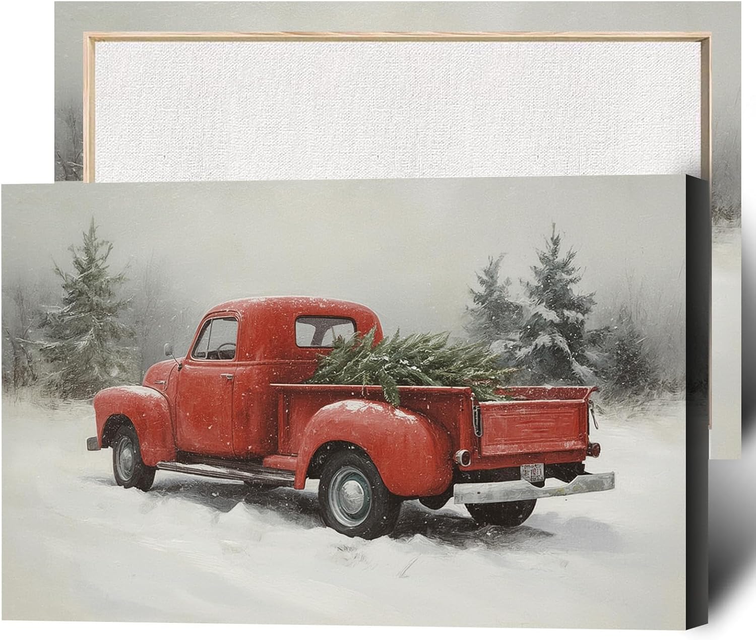 vjfkskuey Red pickup Samsung photo frame TV art Christmas truck holiday decoration poster vintage art Christmas painting farmhouse wall art winter snow scene home wall decor