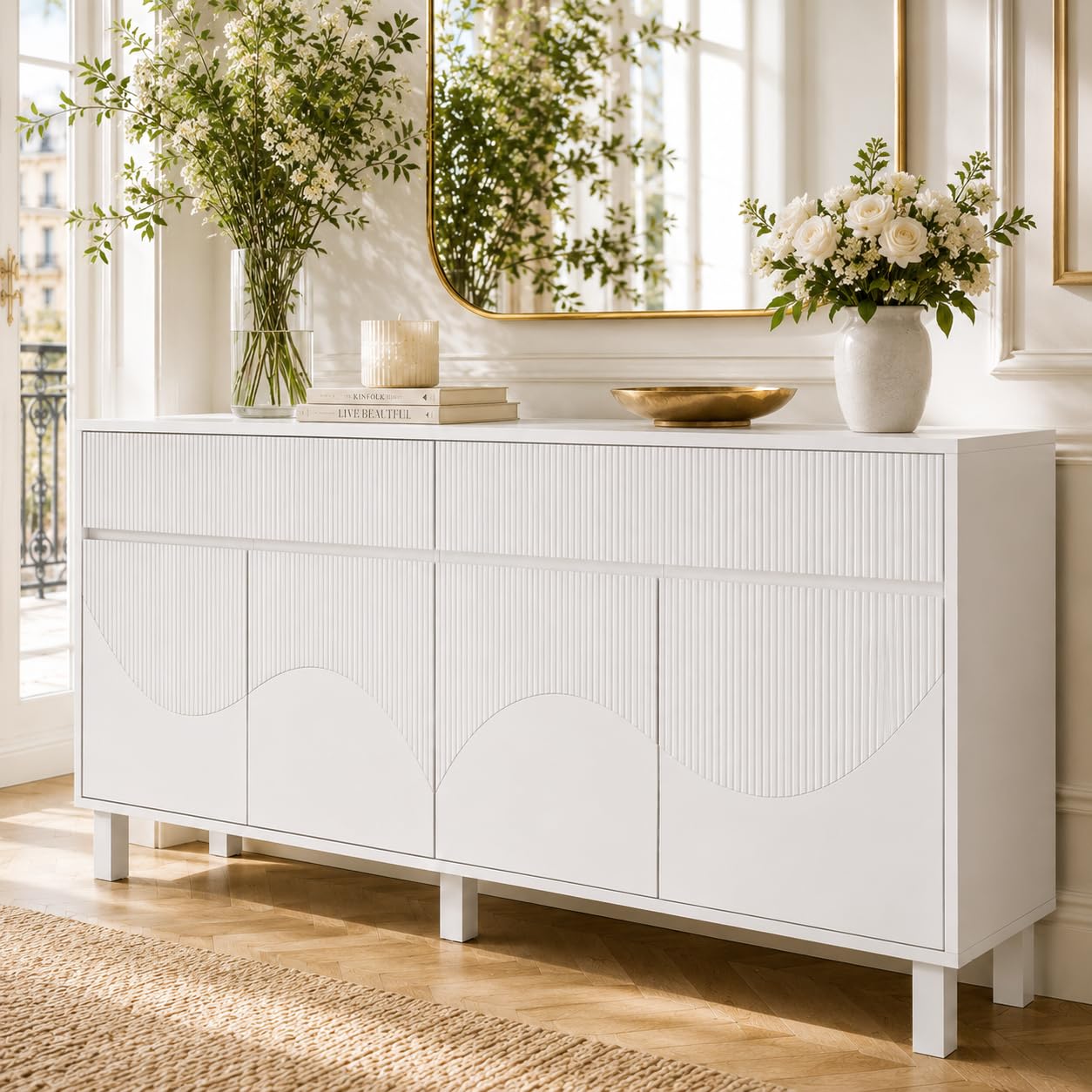 Buffet 160 cm avec 4 Portes et tiroirs, Blanc