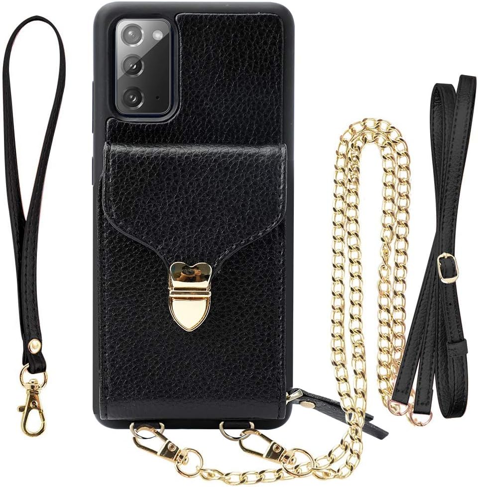 Wallet Case for Samsung Galaxy Note 20, JLFCH Galaxy Note20 Crossbody Case with Zipper Wrist Strap Lanyard Purse Credit Card Holder Protective for Note20 6.7 inch - Black