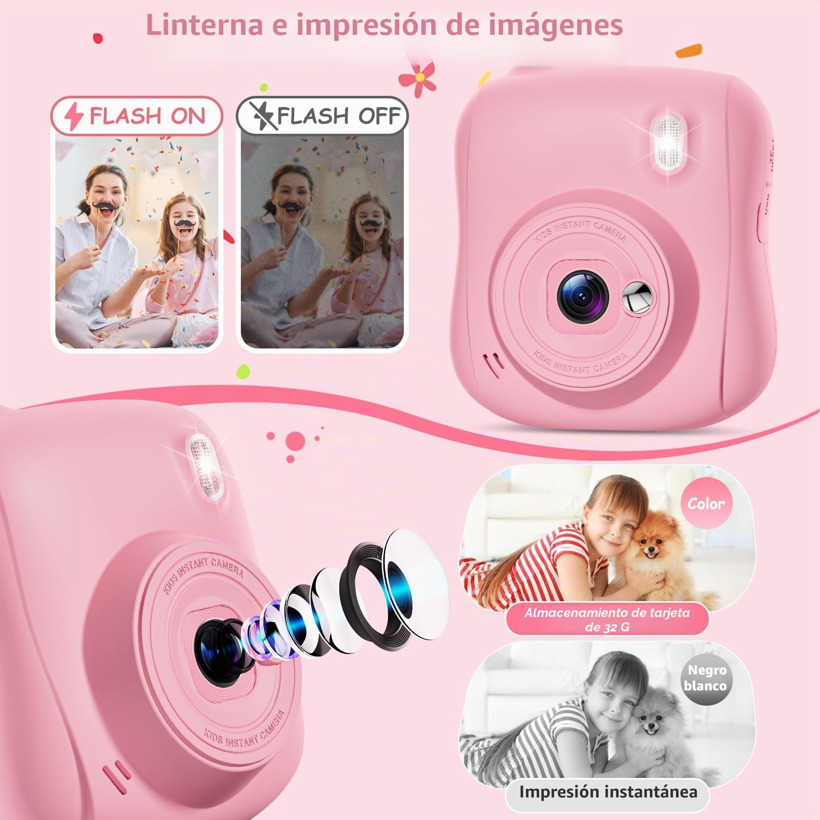 Hangrui Camara Fotos Infantil Instantanea, 1080P Camara Fotos Infantil, Cámara Instantánea para Niños con Tarjeta de 32GB,Papel de Impresión y Bolígrafos de Colores, Regalos Juguete-Rosa