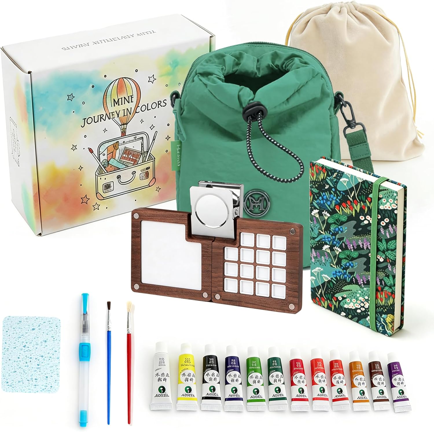 Mini Wooden Watercolor Paint Set, All-in-One Pocket Travel Art Kit: 15-Grid Palette, 12-Color Pigment, Brushes, Sketchbook, Clip, Sponge & Bags- Art Supplies Gift for Beginners & Artists DMCK004