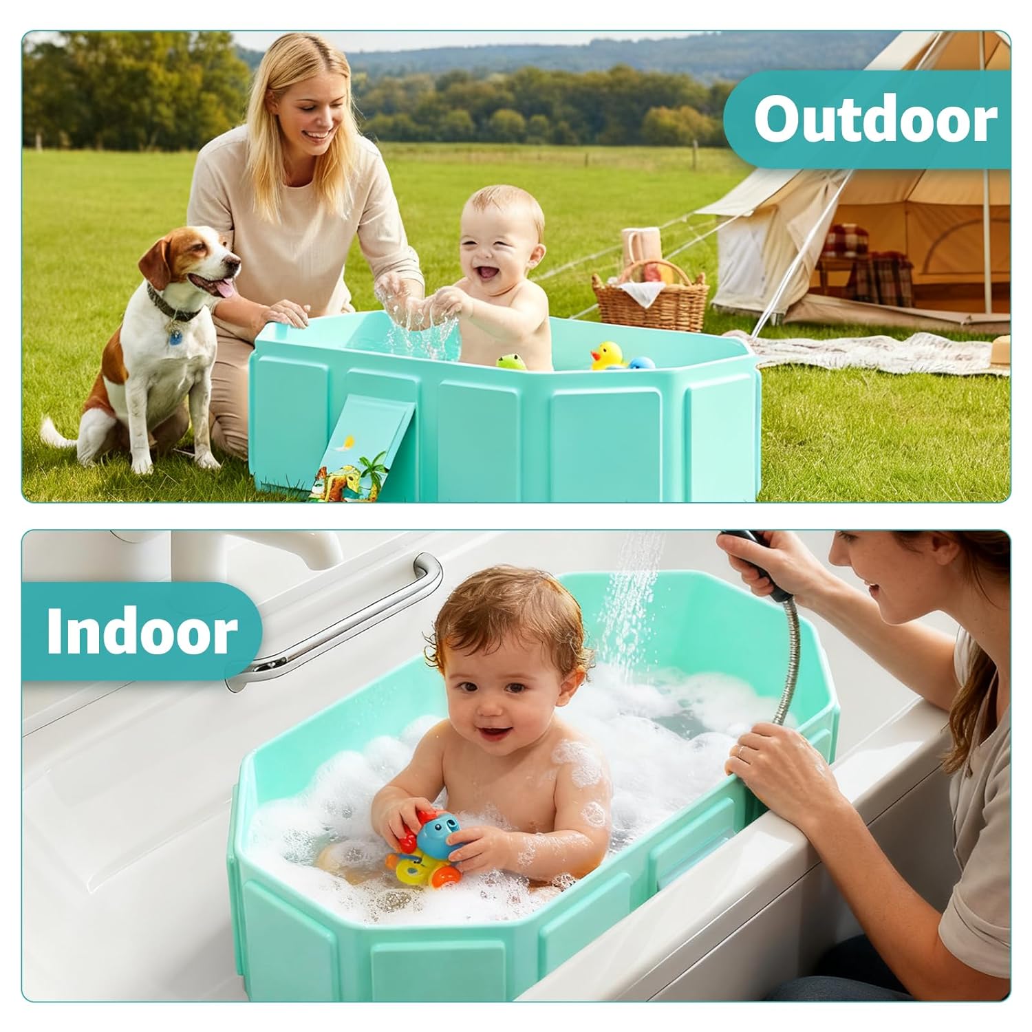 Collapsible Baby Bathtub, Toddler Bathtub with a Drain Plug, Folded for Storage Without Assembly, Suitable for Newborns to Toddlers, Portable Bathtub for Outdoor Travel, Green