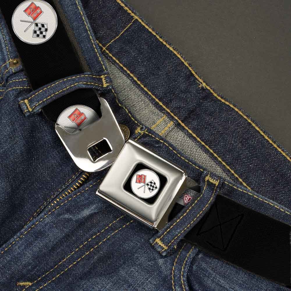 GM General Motors Belt, Seatbelt Buckle Belt, Corvette C2 Flags Logo Black, 44 to 63 Inches