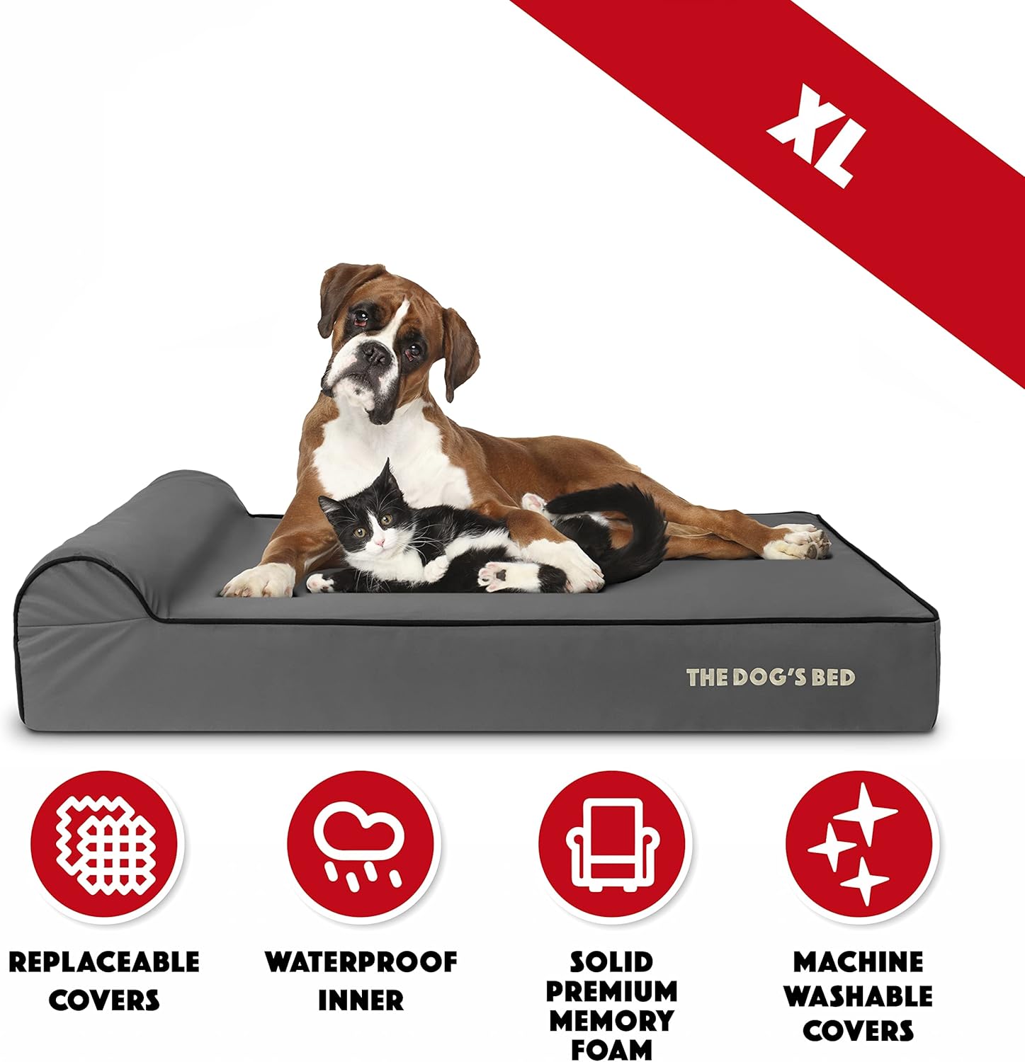 The Dog’s Bed Orthopedic Memory Foam Dog Bed with Headrest, Oxford Fabric, Grey with Black Trim, XL, 6-Inch