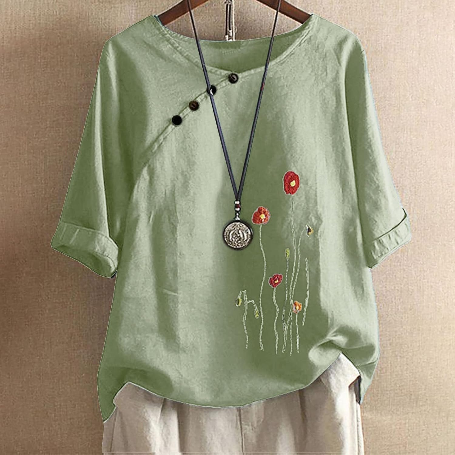 Miniatura 2 de Camisetas de lino y algodón para mujer, tallas grandes, de gasa, con botones, para verano, casuales, de manga corta, holgadas, blusas para mujer