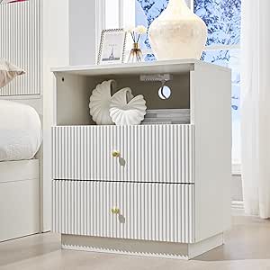 Modern Nightstand With Charging Station - 2 Drawers & Open Shelf, Mid Century Black Design