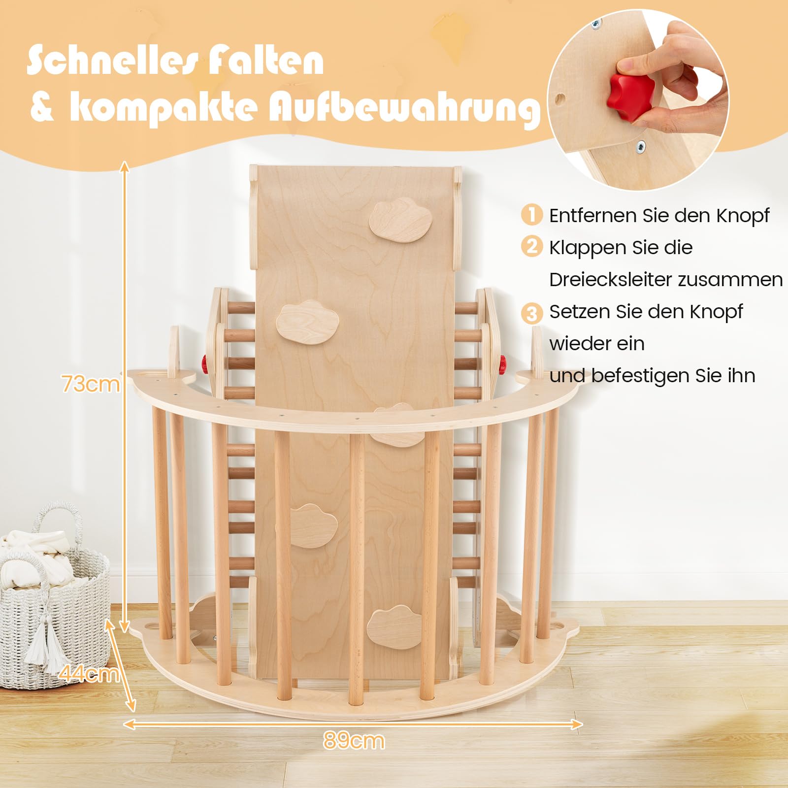COSTWAY Kletterdreieck mit Rutsche, Kletterbogen, inkl. doppelseitige Rampe, Klettergerüst Indoor klappbar, Sprossendreieck zum Klettern, Rutschen und Wippen, Kinder Spielplatz Holz ab 3 Jahre, Natur