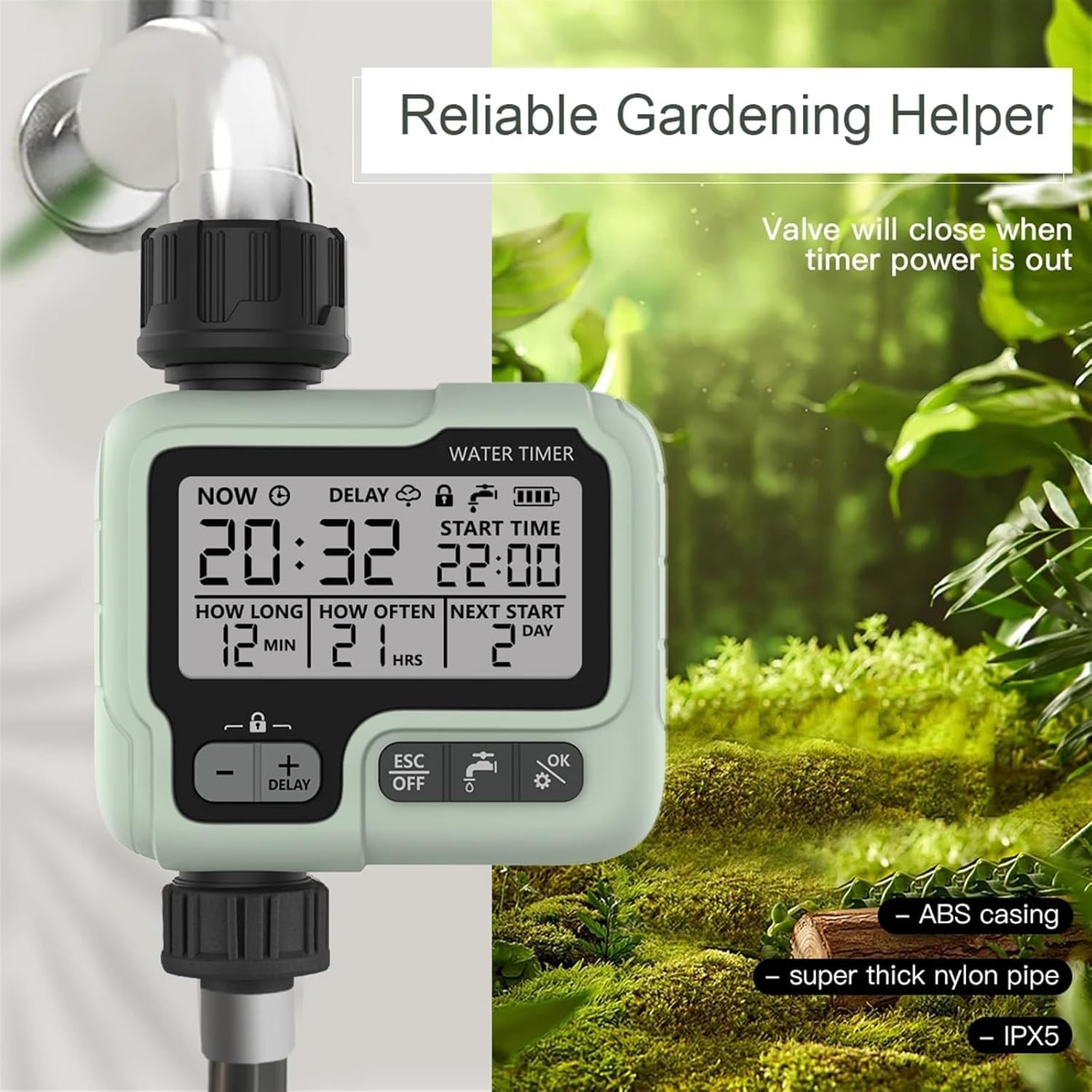 Water timer connected to an outdoor faucet with a hose attached, watering a garden.