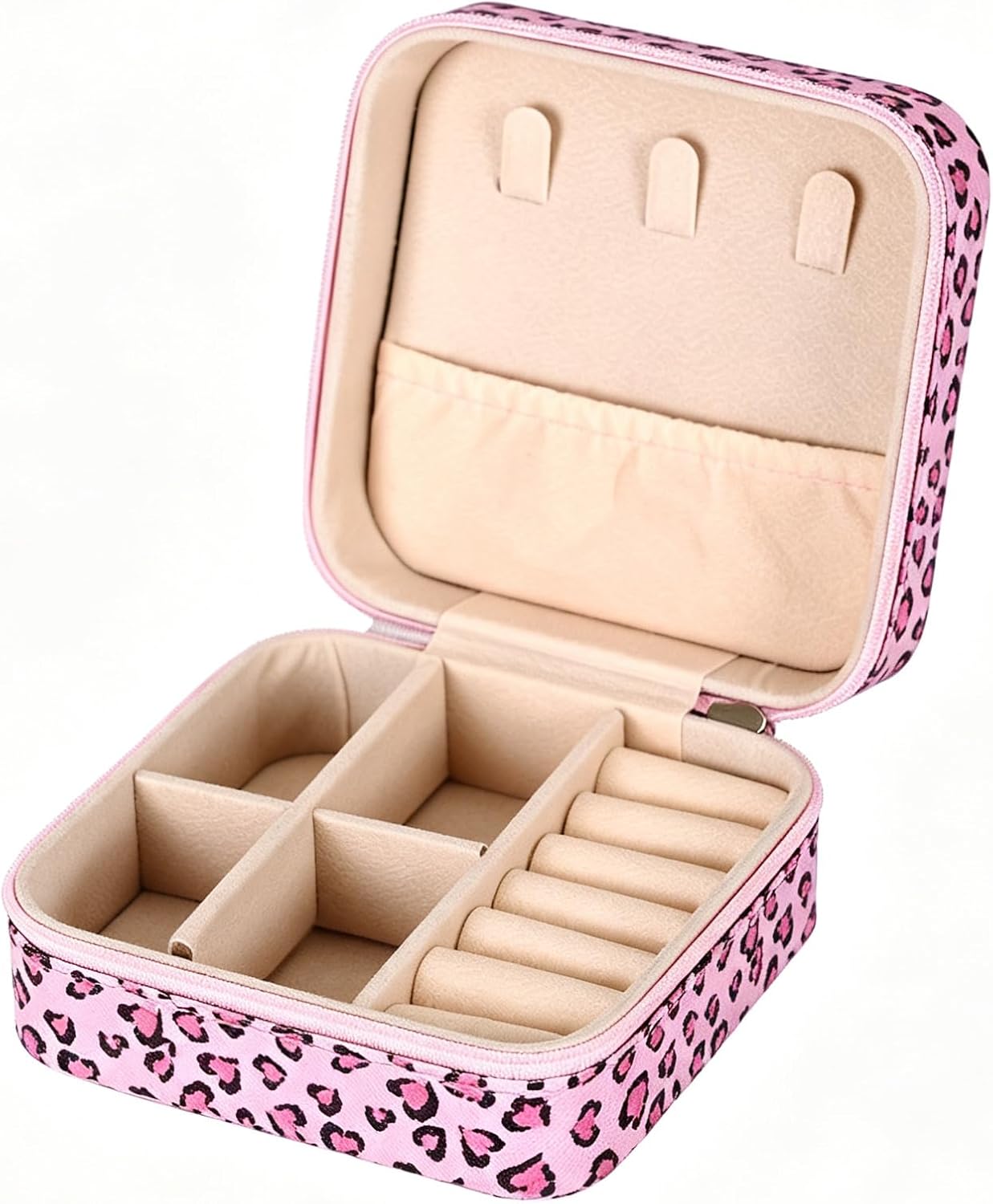 2PCS Travel Jewelry Case, Pink Heart Leopard Small Jewelry Box, Portable Zipper Jewellery Storage Organizer for Rings Earrings Necklaces image 4
