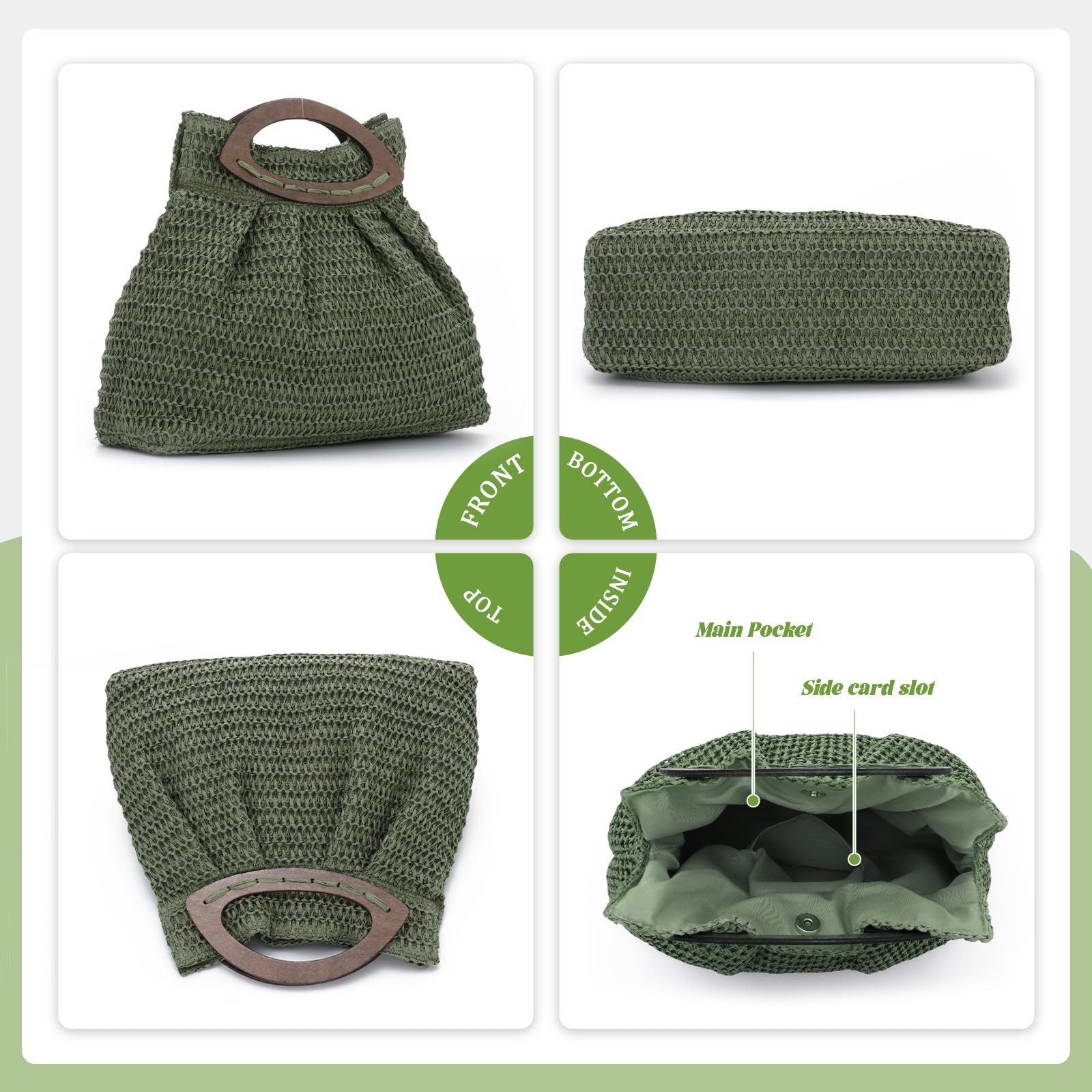 Sac à main en Paille pour Femmes - Sac Fourre-tout de Plage d’été Tissé Sac à main en Paille de Voyage avec Poignée en bois pour les Vacances de Fête