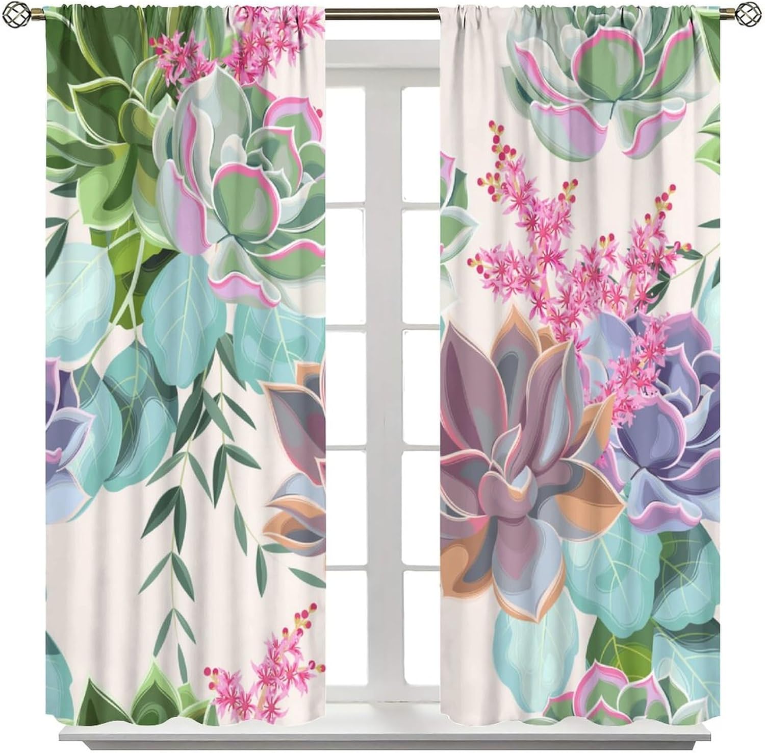 Succulents Curtains, Succulent Floral Colorful Leaves Flower Plant Pattern Print Blackout Window Treatments, Rod Pocket Thermal Insulated Drapes 2 Panel Sets for Bedroom Living Room, 72"W X 63"L