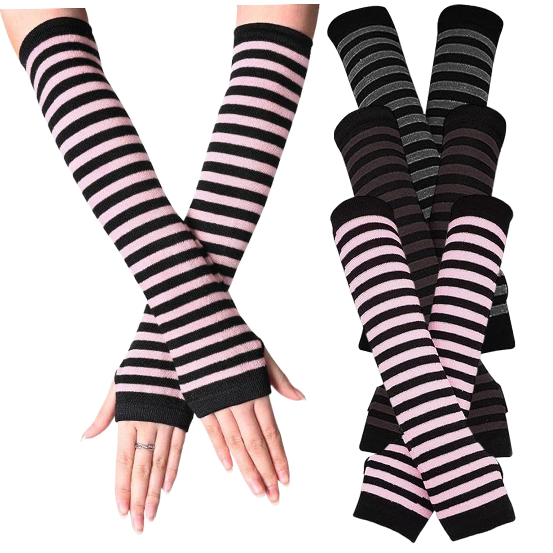 Uanqfegy Fingerless Arm Warmers - 3 Pairs Striped Long Elastic Sleeves, Gothic JK Lolita Style for Women