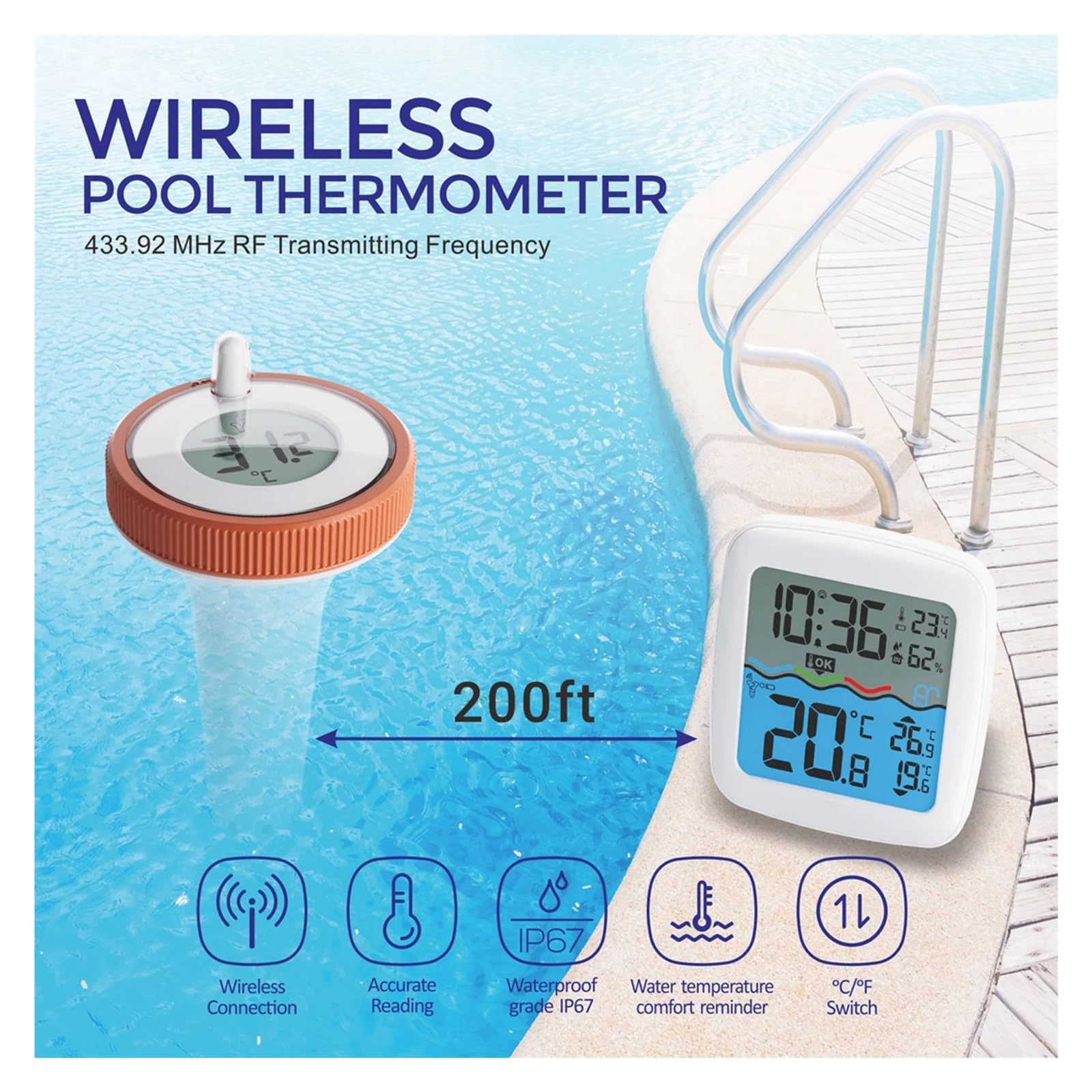 Termómetro Digital Flotante For Piscina, Control Remoto Inalámbrico, Termómetro Interior For Exteriores, For Piscina, Baño, Agua, Spas, Acuarios Monitor Precisión