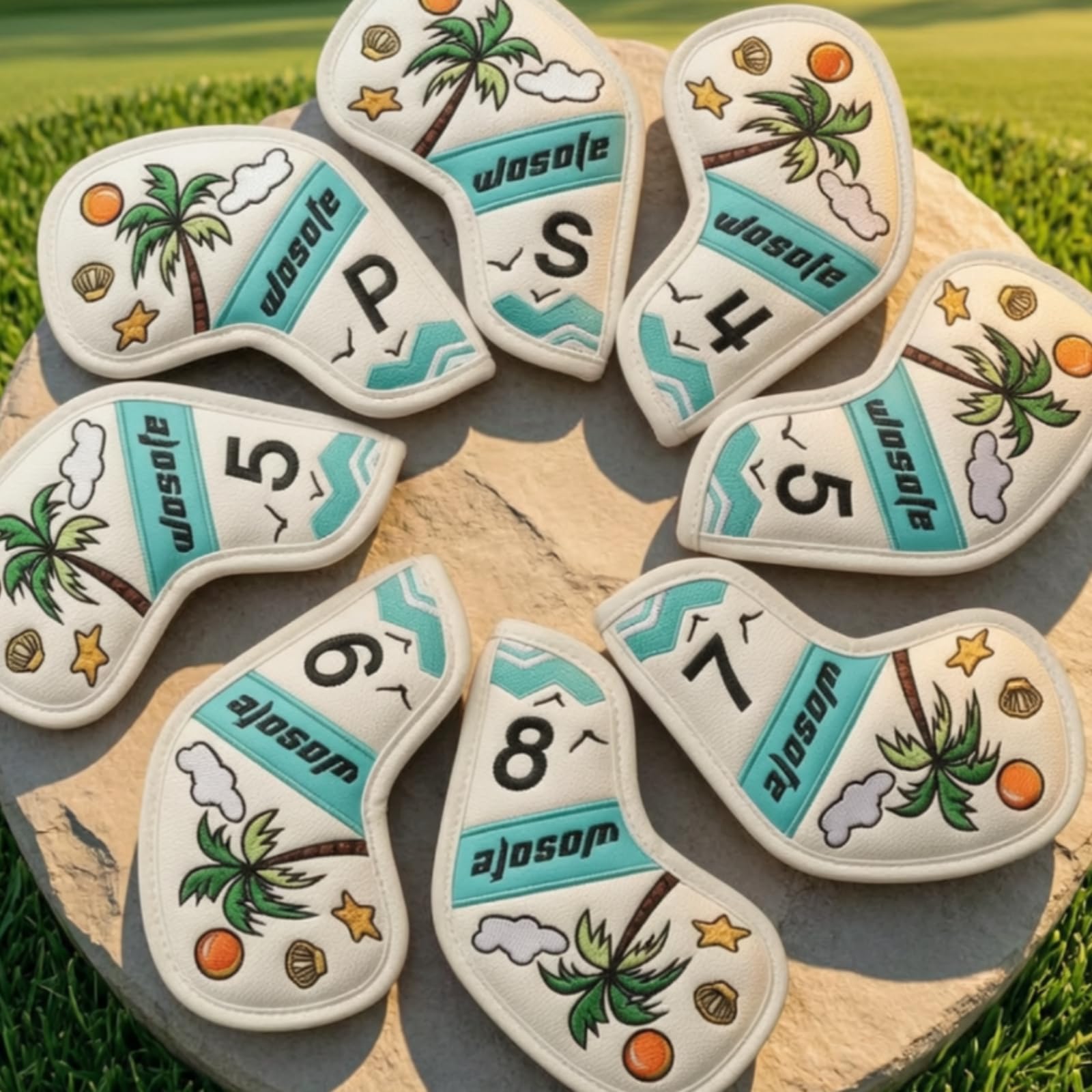 Funda para Hierro de Golf Cubierta Protector Capucha Accesorio con Material PU Resistente y Acolchado Diseño Bordado de Palmeras Marca del Palo Visible Adecuada para Transporte Juego Práctica