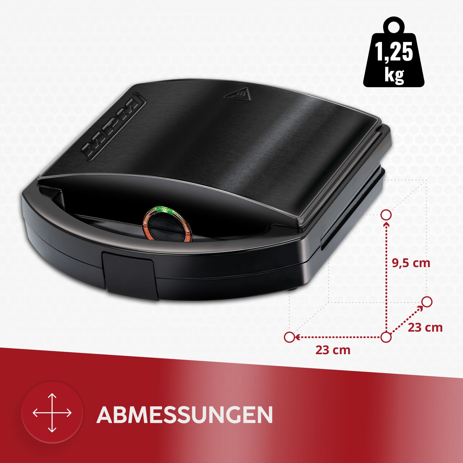 MPM MOP-50M opiekacz do kanapek, 750 W, z obudową ze stali nierdzewnej, 4 trójkątne kanapki, powłoka nieprzywierająca, automatyczna regulacja temperatury, czarny