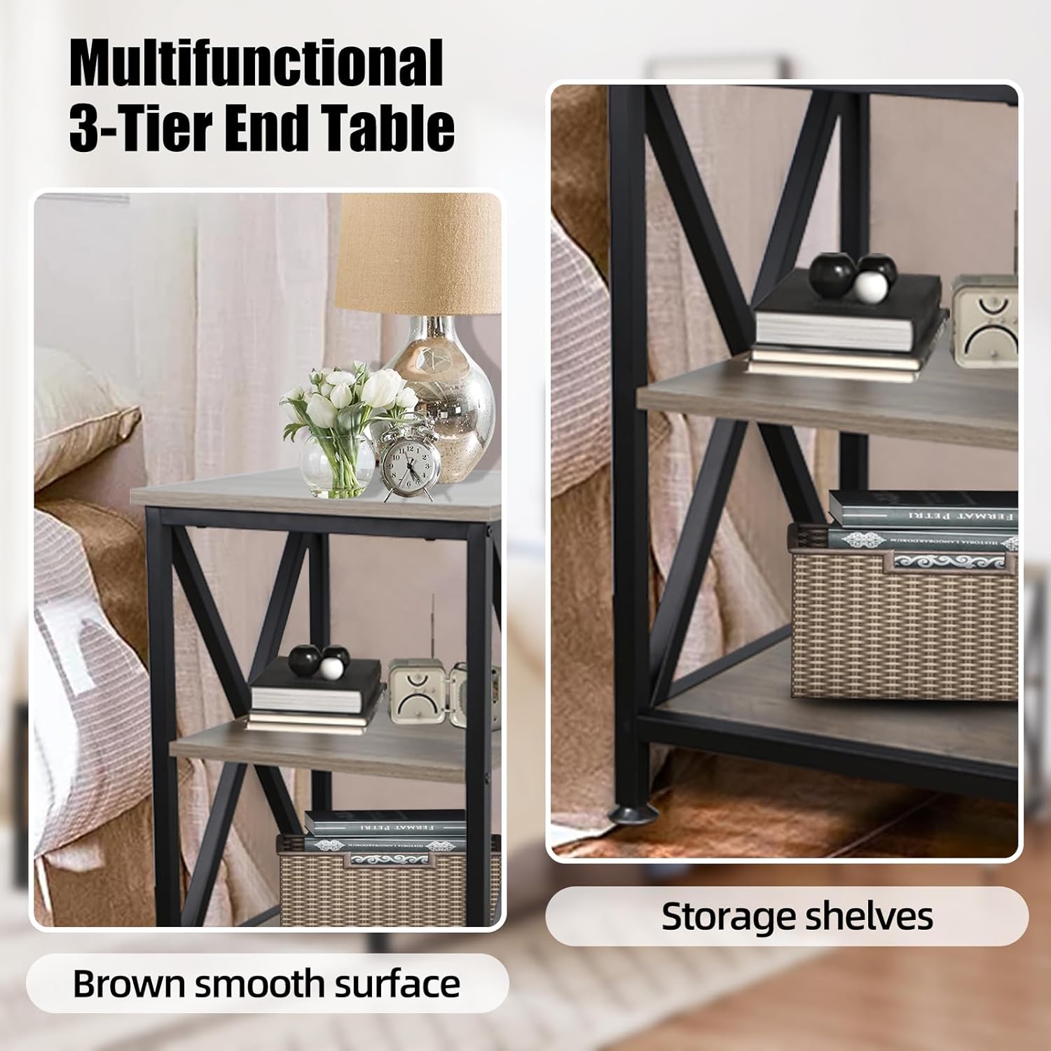 End Tables Living Room Set of 2, 16" D x 16" W x 24" H, Indoor End Tables Living Room with Storage Shelf, Square End Table Set of 2, X-Shaped Night Stands for Bedroom, Farmhouse Wood Side Tables