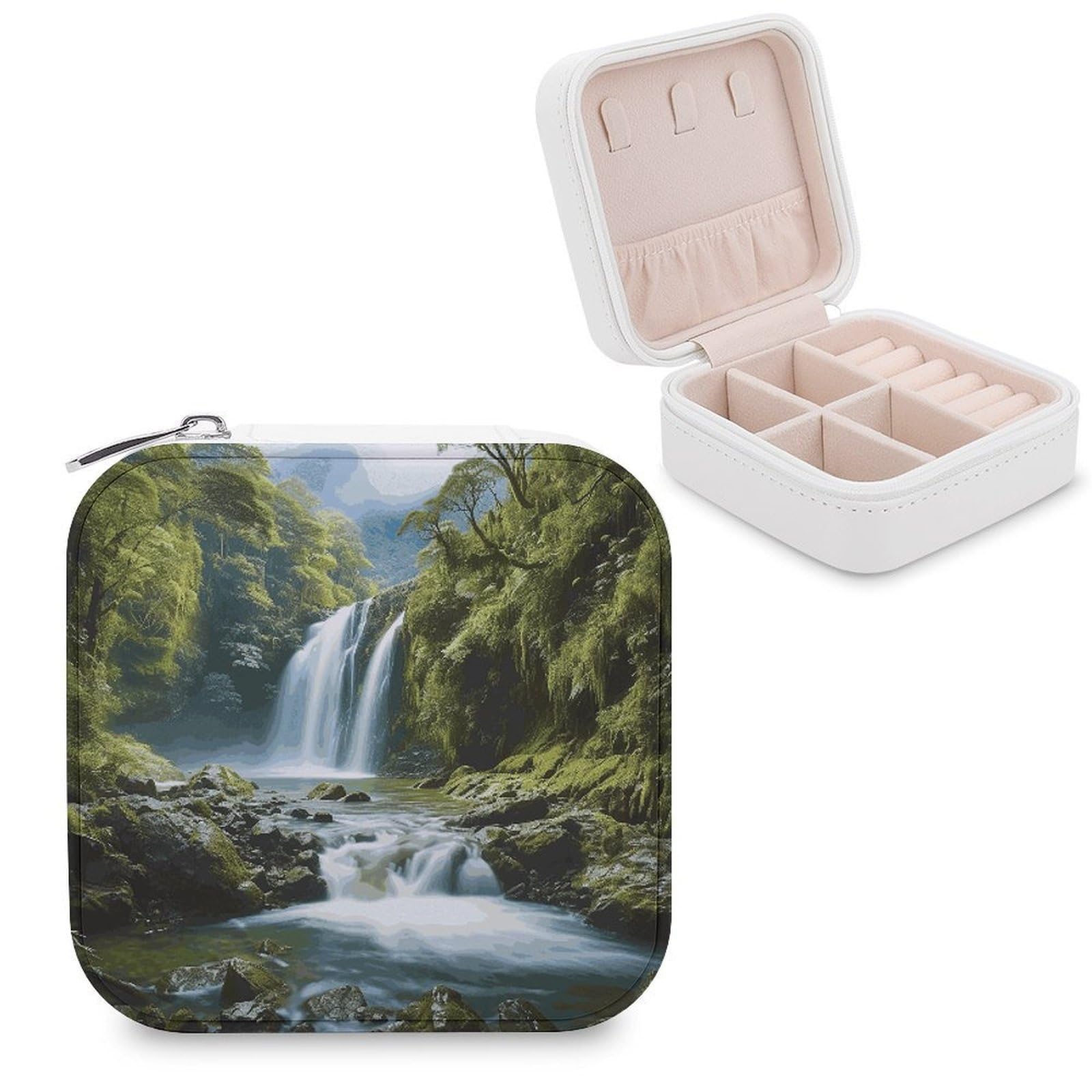 MUSM Waterfall Landscape Painting Travel Jewelry Case Personalized PU Leather Jewelry Boxes for Women Small Portable Jewelry Organizer Box Cute Trinket Box for Necklaces Rings Earrings & Gifts