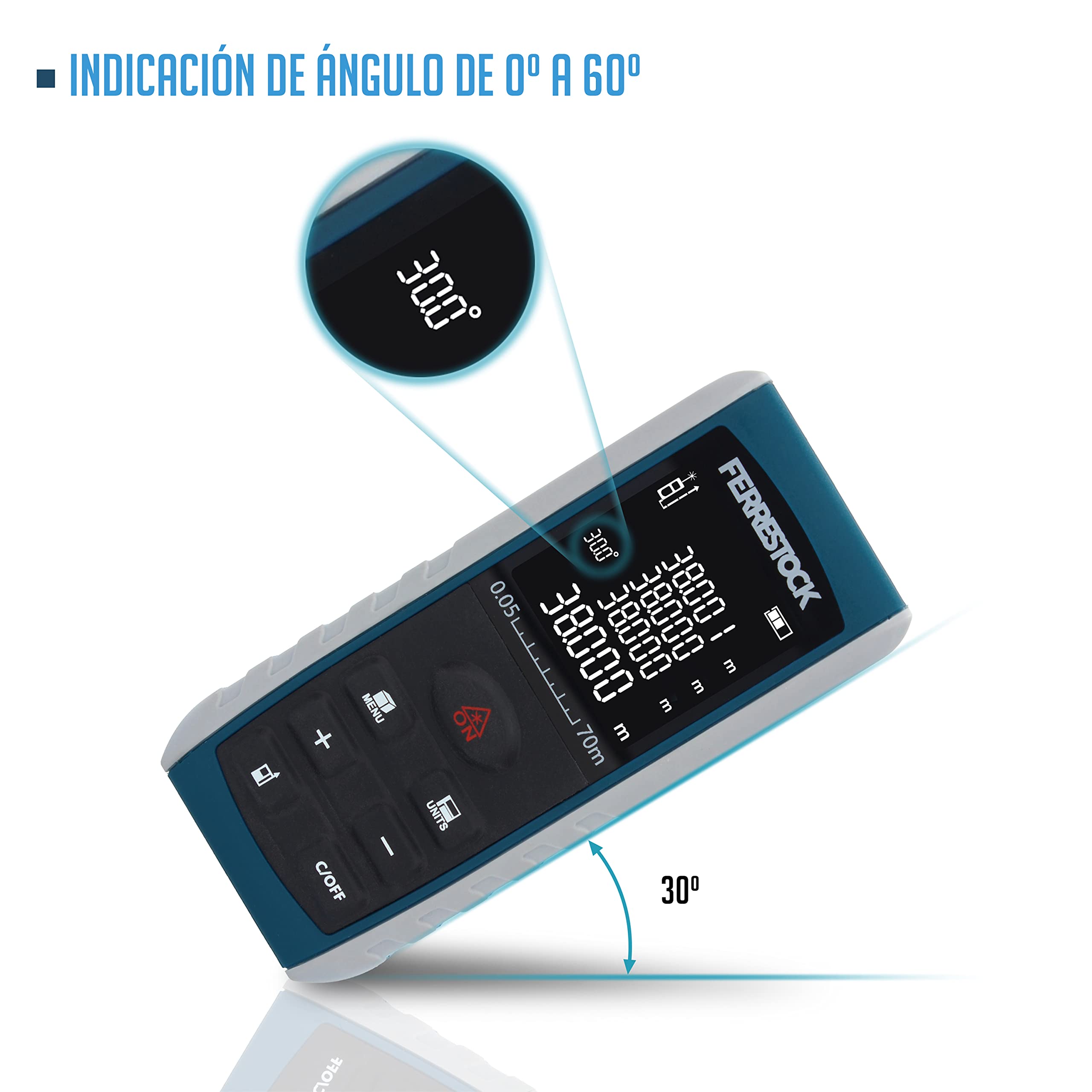 Ferrestock FSKLDM070 medidor láser de distancias de hasta 70 Metros, Pantalla LCD, 2 Puntos de Referencia, 7 Modos de medición, Nivel Digital y 99 memorias
