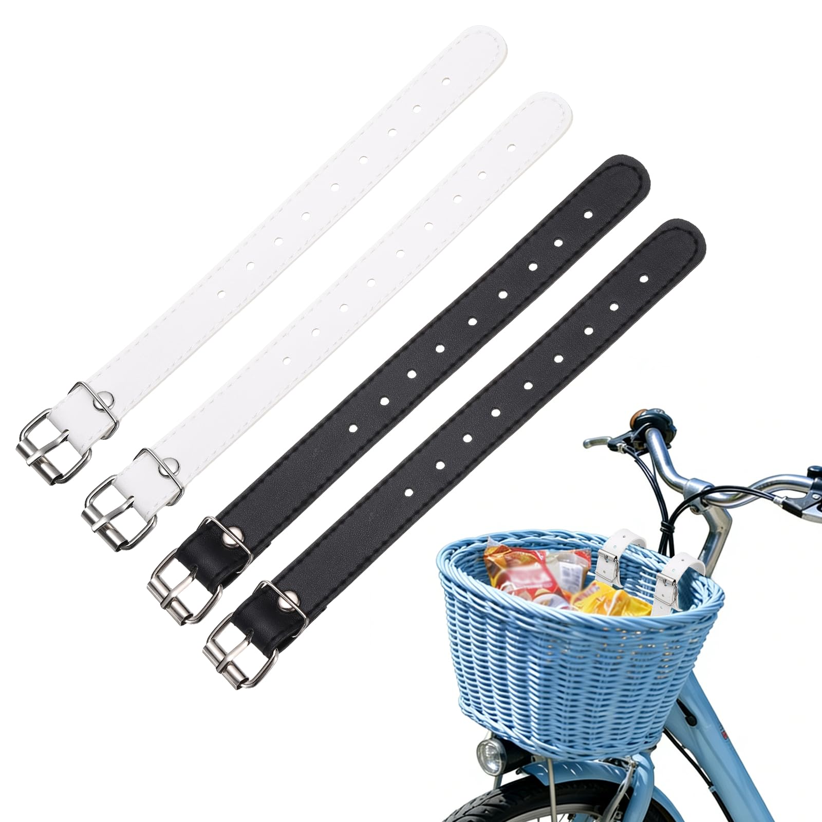 YELARXI Bicycle Basket Strap, Adjustable Bike Front Baskets Leather Straps Detachable Securing Straps 4 Pcs & White/Black-Fitting for (Most Bikes/Tricycle/Scooters)