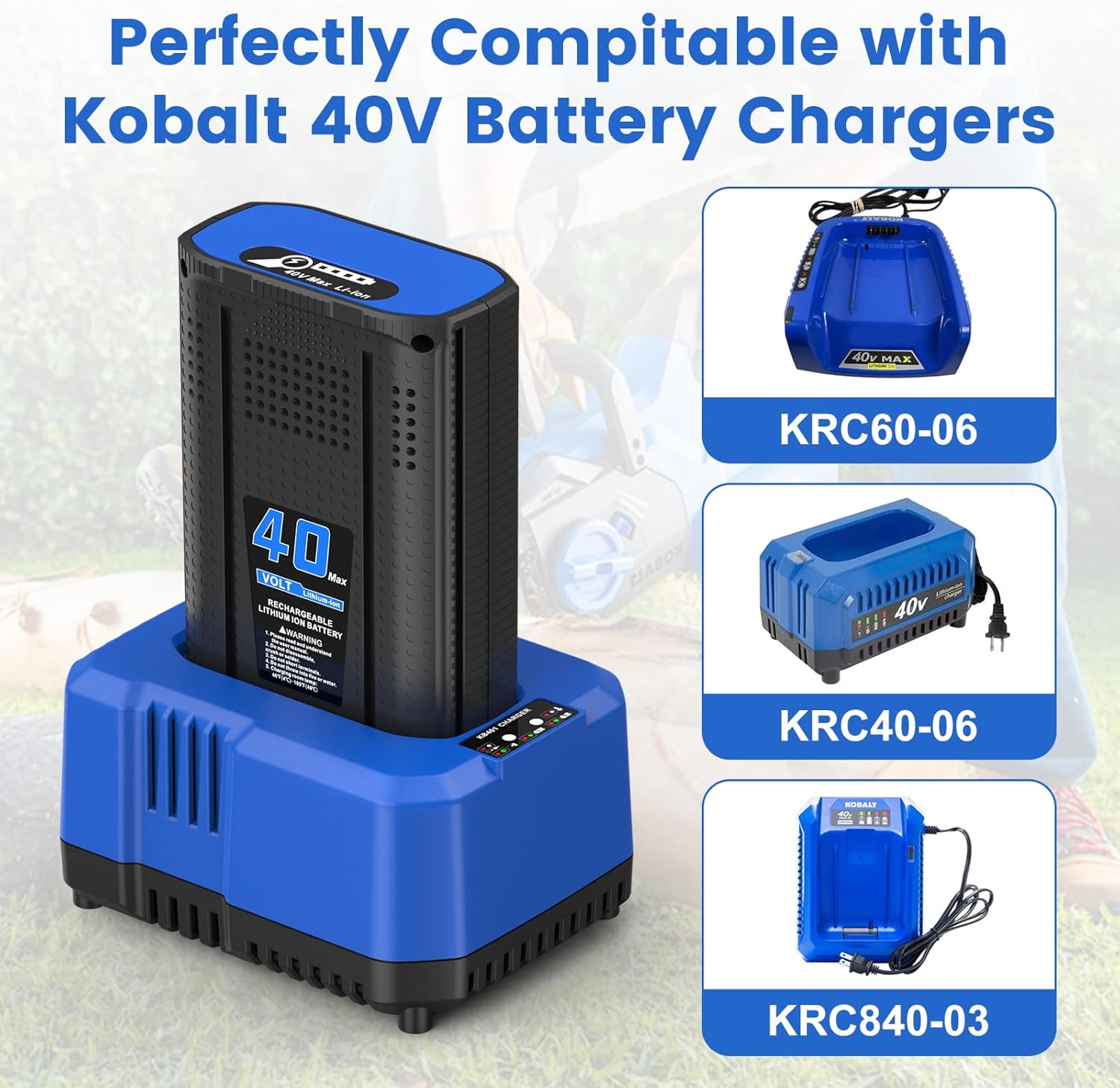 Replacement for Kobalt 40V Battery 4.0Ah 1Pack with Charger Kit, Station for 40V Max Battery Chargers KRC60-06, KRC40-06, KRC840-03, Compatible with Kobalt 40V Cordless Power Tools
