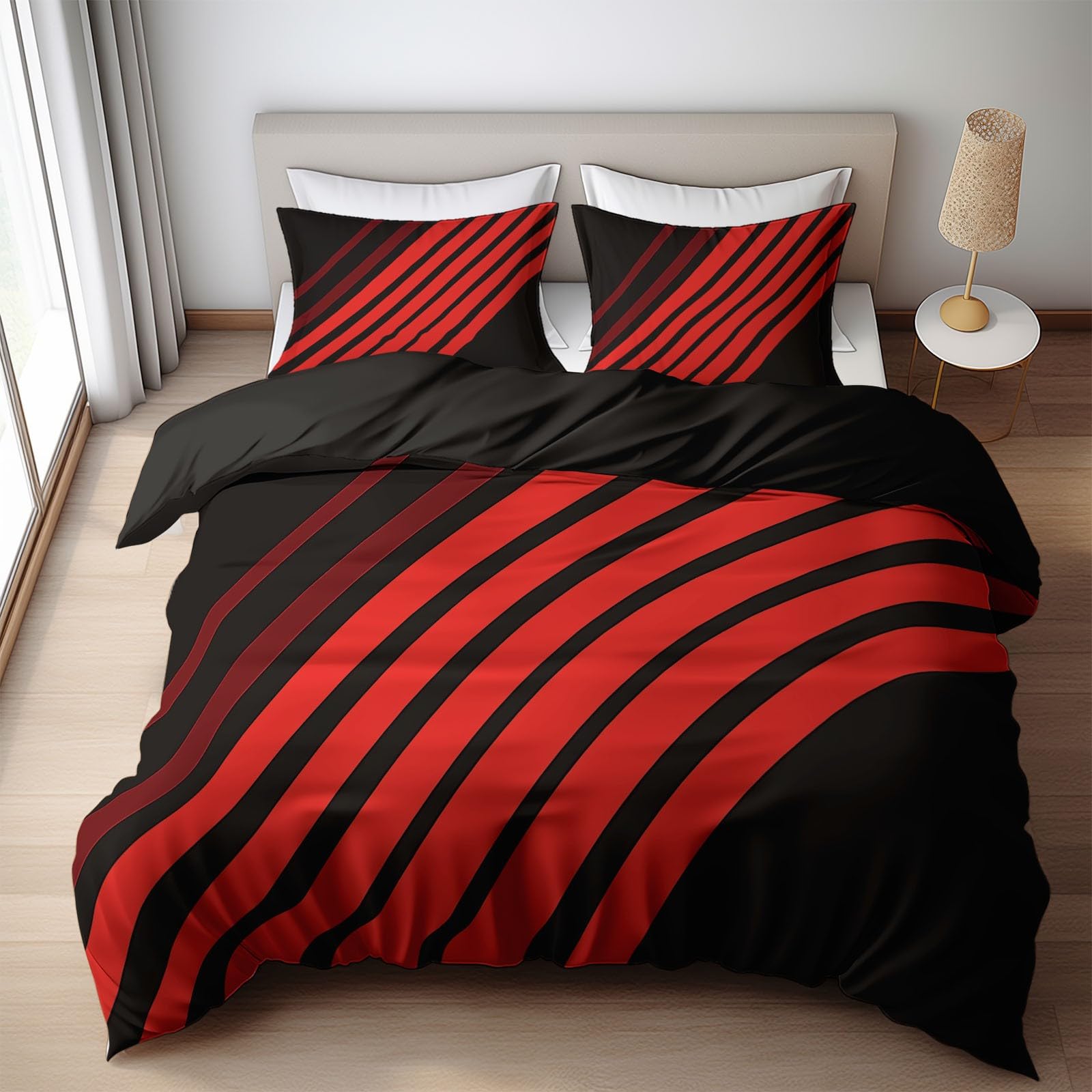 Black Bedding Sets Modern Geometric Red Print Duvet Cover Set, Comforter Cover Full Size Soft Breathable Reversible 3-Piece Bedding for Kids Teens