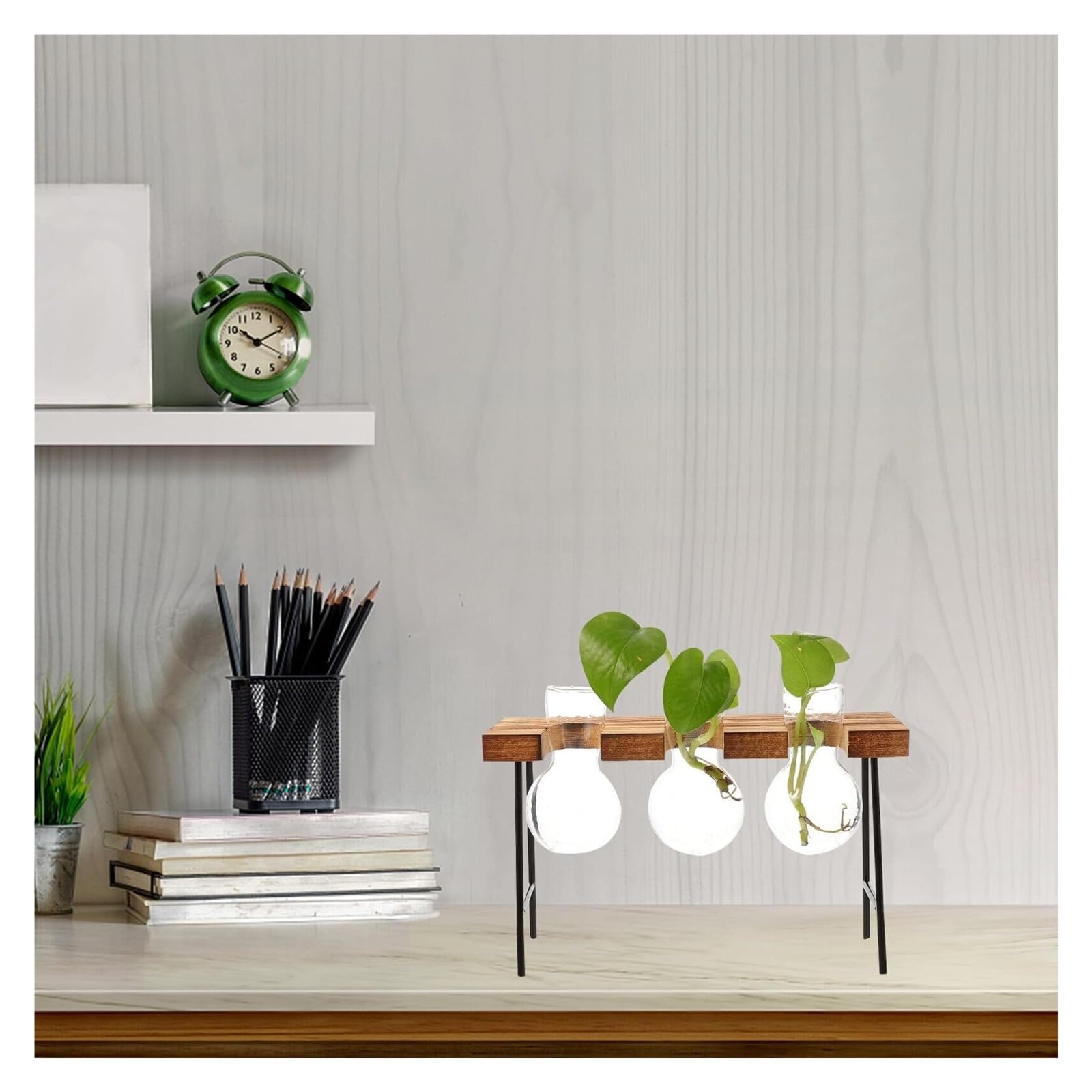 Vases à Fleurs Vase hydroponique en Verre avec Cadre Bois, Ensemble de Trois tabourets Ronds, Station Propagation Plantes décoratives Décoration intérieure
