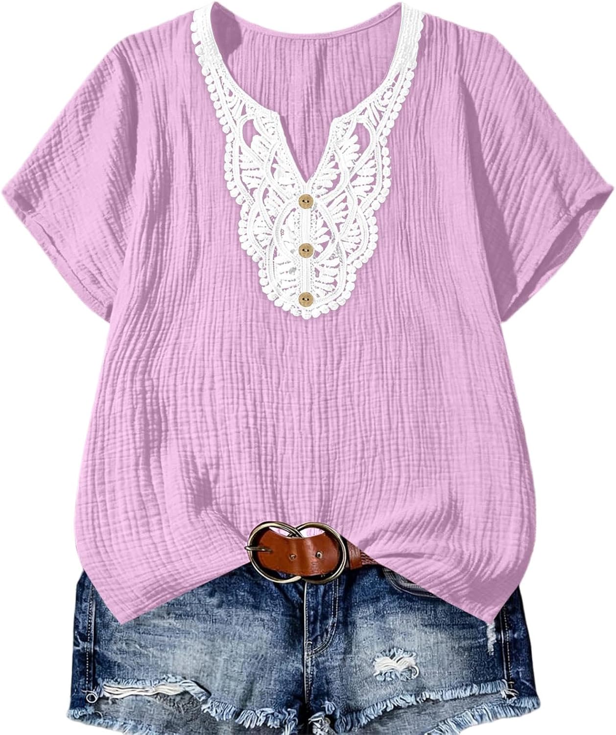 Womens Short Sleeve Tops Boho V Neck Lace Summer Shirts Dressy Casual Loose Fit Blouses Summer Trendy Beach Clothes