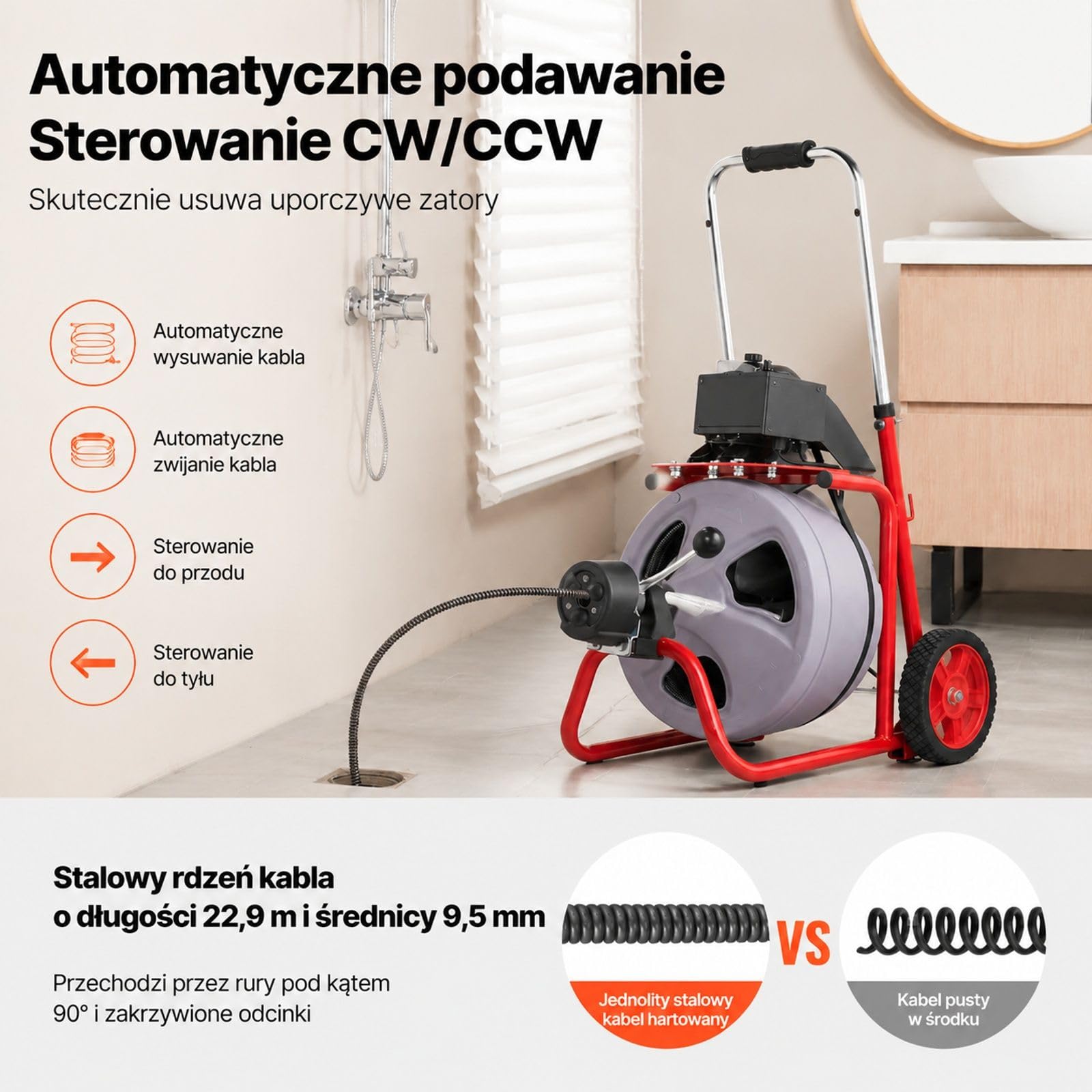 Maszyna do czyszczenia rur z automatycznym podawaniem, stalową liną, pneumatycznym przełącznikiem nożnym, kołami i 8 wymiennymi narzędziami