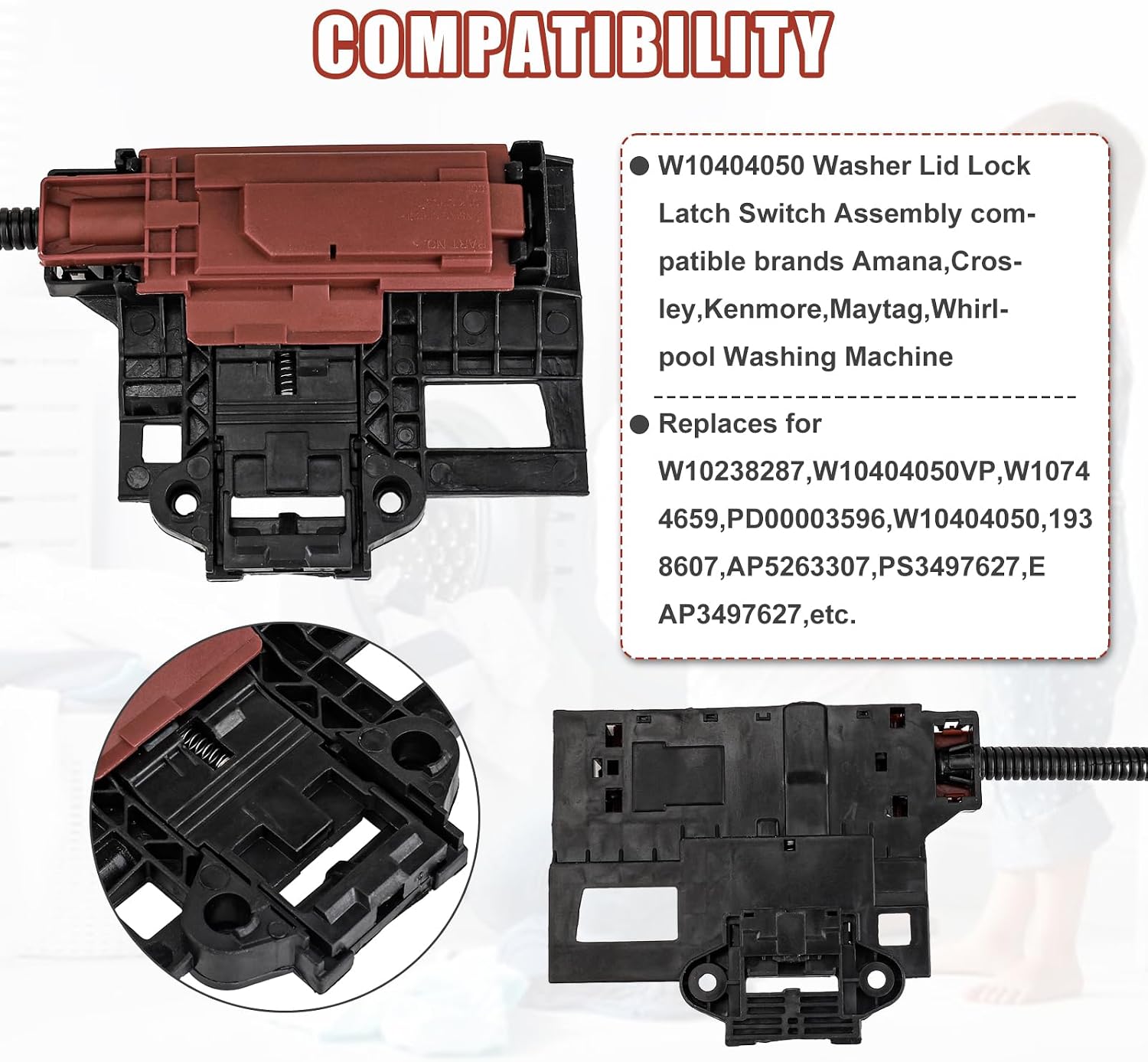 3mirrors W10404050 Washer Lid Lock Latch Assembly and W10240513 Washer Door Strike, Compatible with Whirlpool Kenmore Maytag Amana Inglis Roper Admiral Crosley Washing Machines Replacement