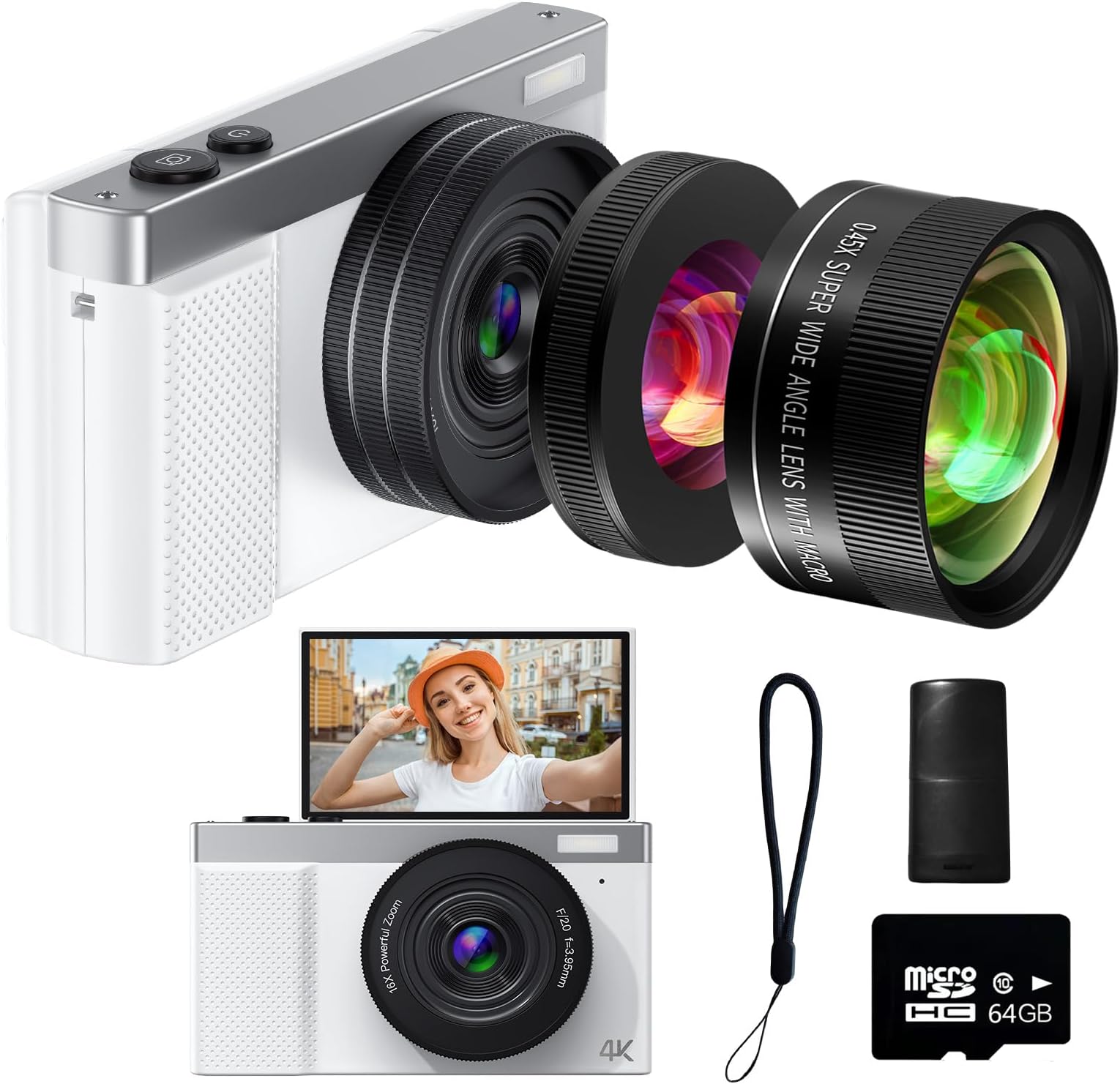4K Digital Camera, 64MP Vlogging Camera for Photography with 3'' 180°Flip Screen,Macro and Wide-Angle Lenses,16X Vlogging Camera for YouTube with 64GB Micro SD Card for Beginner