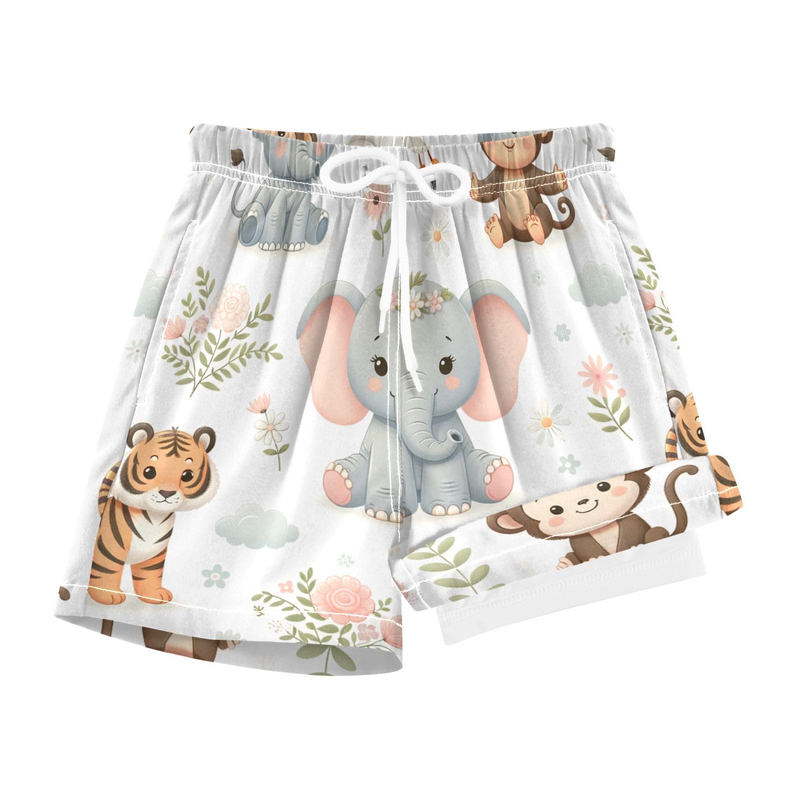 YANENDIE Boy Swim Trunks with Compression Liner Cartoon Animals Pattern Boys Swim Shorts Quick Dry Beach Shorts