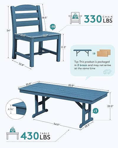Vista 2 de SERWALL Juego de comedor al aire libre de 11 piezas, mesa y sillas de polietileno de alta densidad de 84 pulgadas para 10, juego de muebles de patio