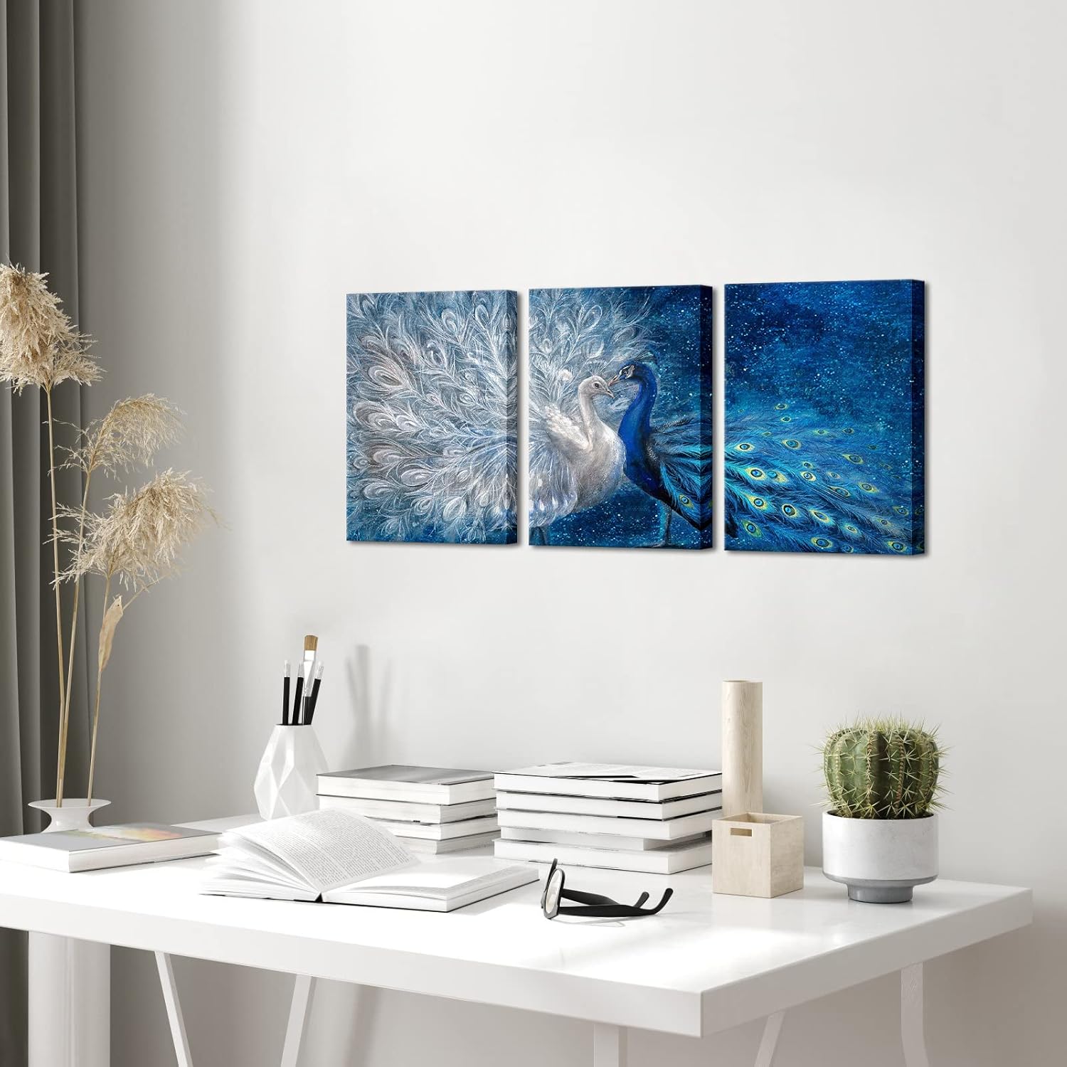 OuElegent Peacock Canvas Wall Art Blue and White Peacock Couple Painting Pictures Elegant Animal Prints Romantic Kiss Artwork for Living Room Bedroom Wall Decor Ready to Hang 12"x16"x3Pcs (small)