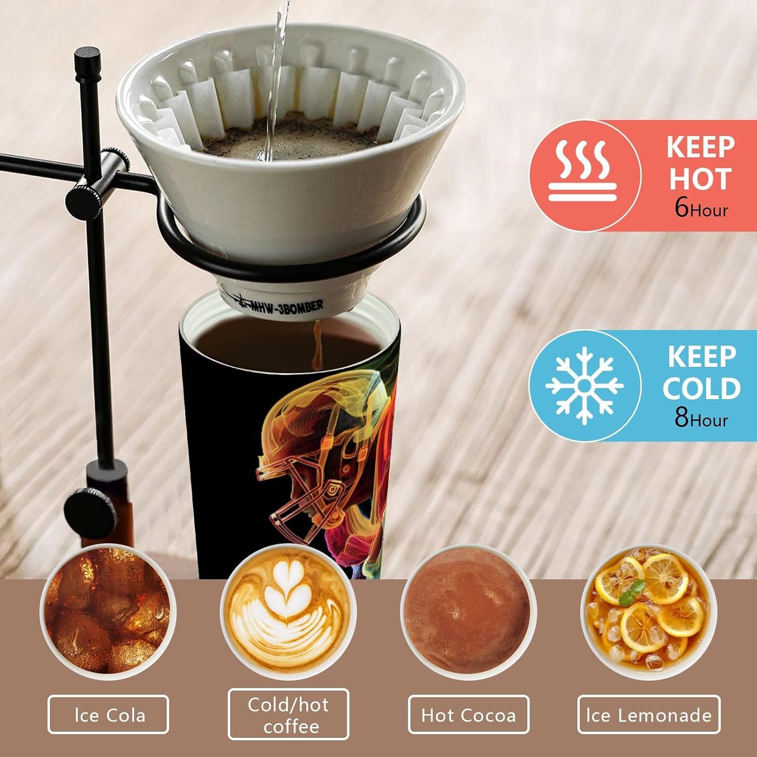 Football Player Abstract Insulated Coffee Mug with Straw & Flip Lid, 16.9oz Iced Tumbler Cup, Double Wall Vacuum Mug for Travel Office