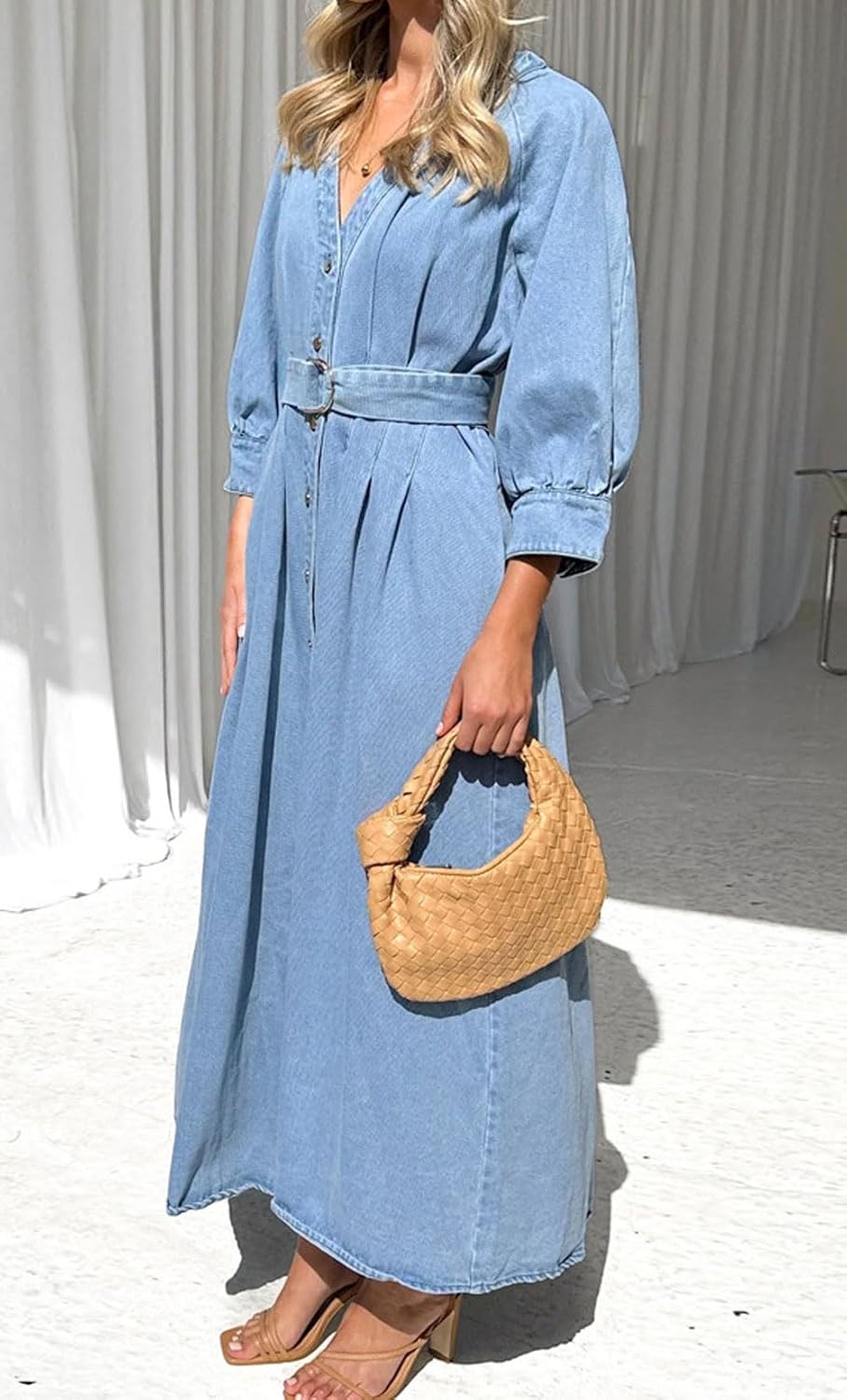 loveimgs Women 2025 Casual Button Down Denim Maxi Dress Pleated A Line Long Jean Shirt Dresses Belted Pockets - Image 4