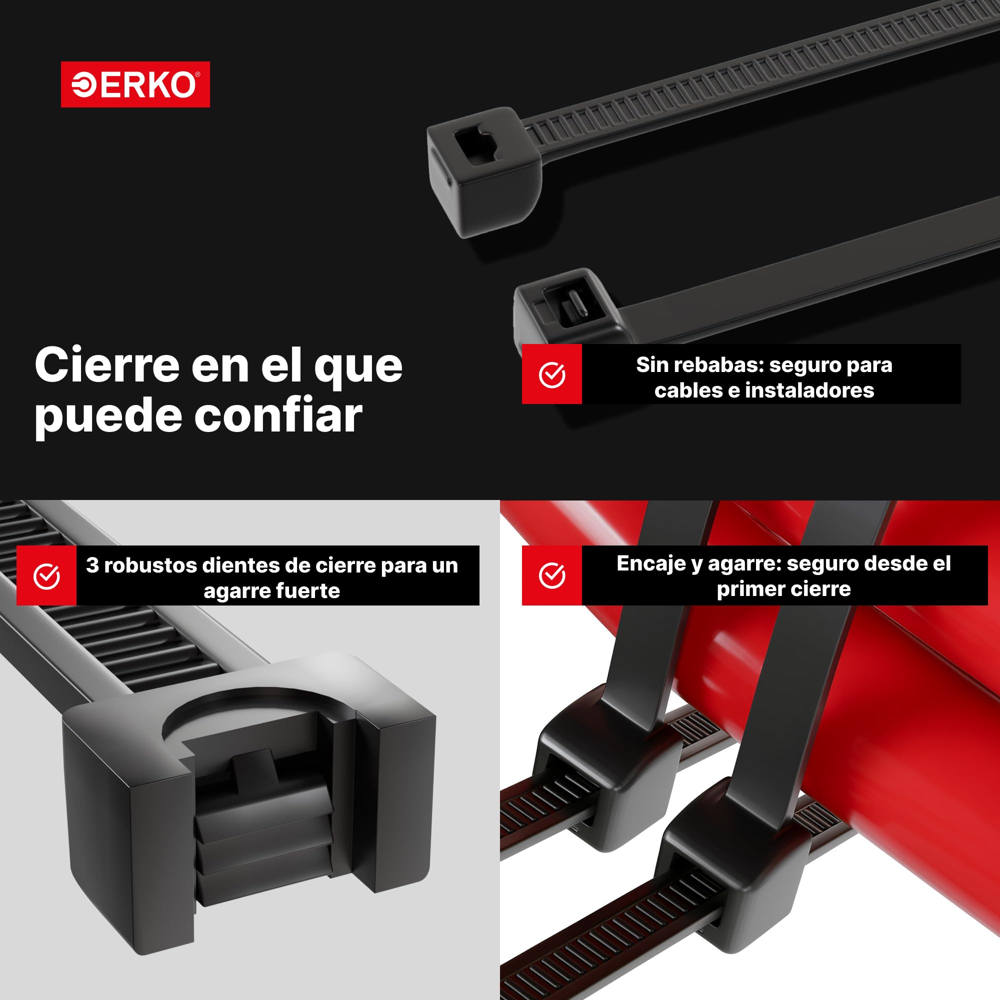 ERKO Bridas Plastico Negro UV 80 x 2,5 mm 100 unidades soporte para cables, Pequeño, Resistente a temperatura, Para Oficina, Hogar, Exteriores, al jardín — view 12