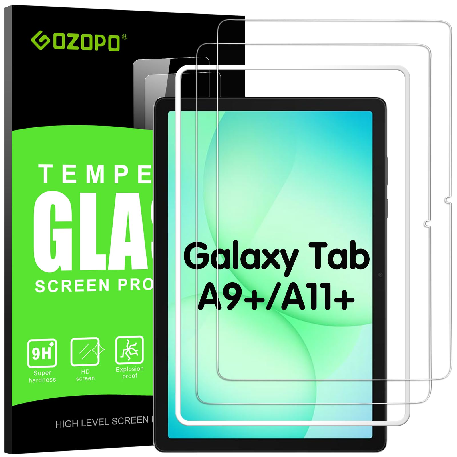 GOZOPO Schutzfolie für Samsung Galaxy Tab A9+/ A9 Plus/ A11+/ A11 Plus 11 Zoll, Displayschutz mit Einfaches Installations-Rahmen Panzer Schutz Glas Folie, 2 Stück