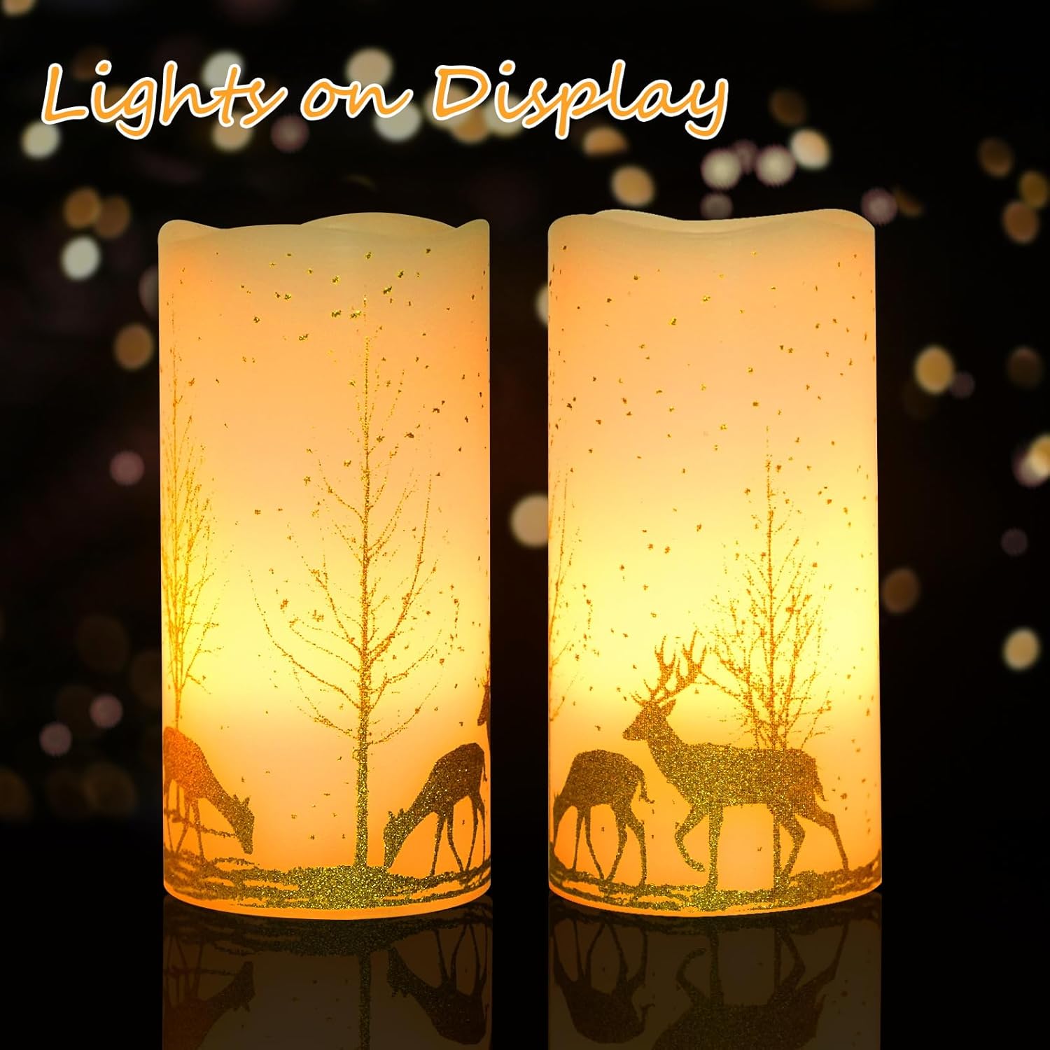 2Pack Christmas LED Flickering Flameless Candles, Battery Operated Wax Candles with Timer Remote, Flameless Pillar Candles with Forest Deer Decal for Home Decorations Christmas Gifts [Gold, 3"X6"]